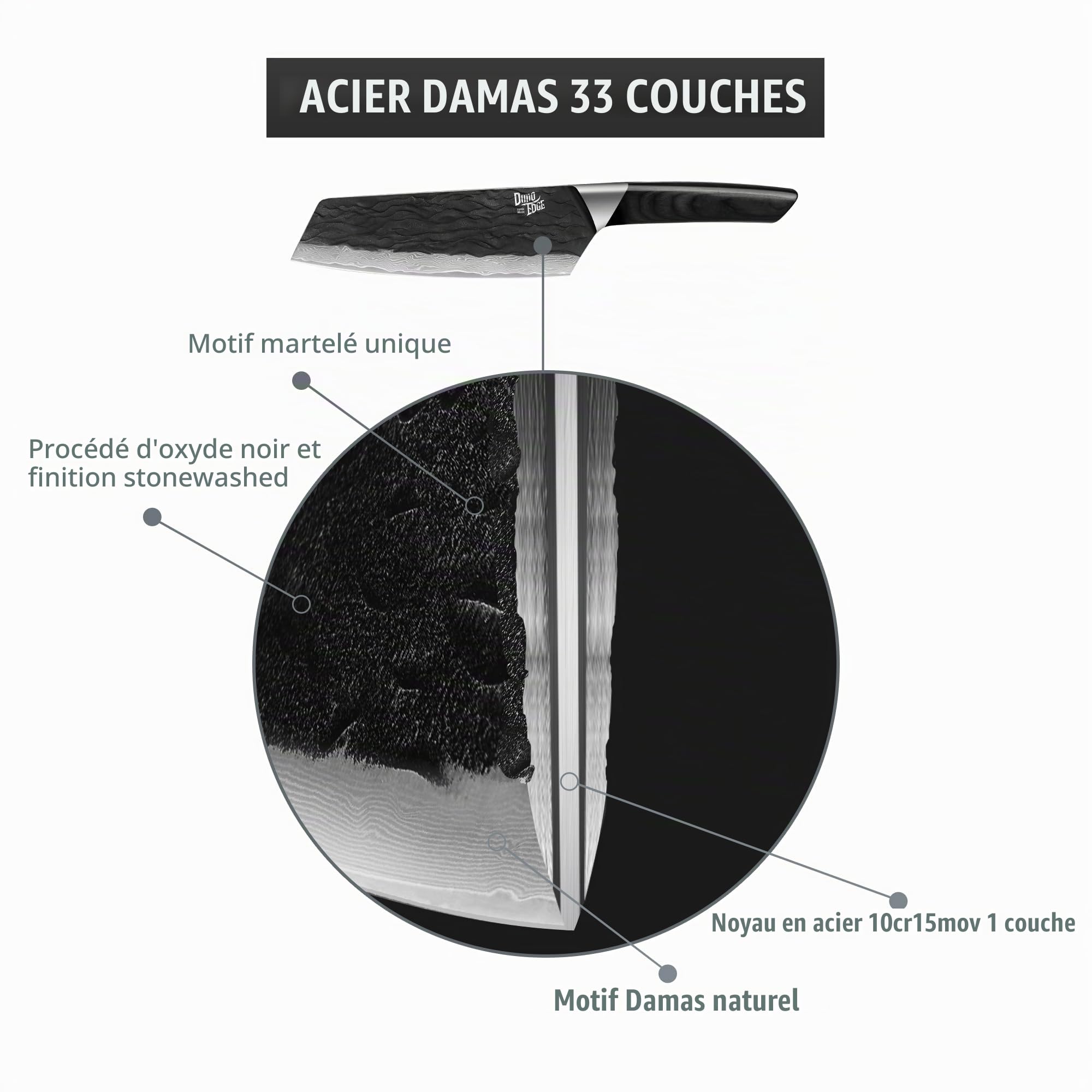 Couteau de chef Damas, 17,8 cm Couteau japonais aiguisé avec lame martelée et manche en pakkawood, couteau bunka professionnel avec coffret cadeau, noir
