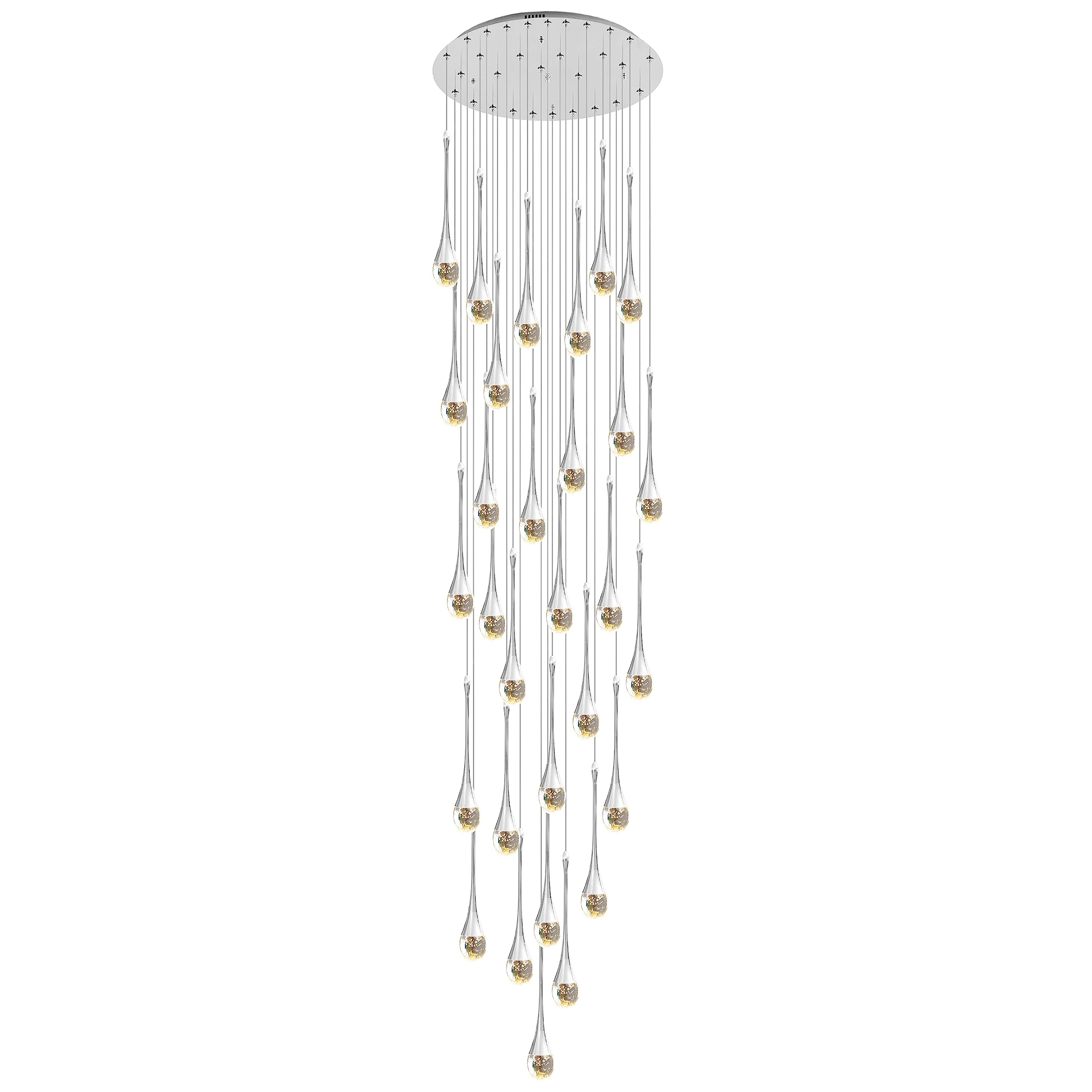 KXEcoLife 30-Light LED Chandeliers Dimmable 3CCT High Ceiling Crystal Pendant Lights Fixtures 19fts (6m) Raindrop Spiral Dome Long Chandelier For Foyer Entryway Stairwell Lighting