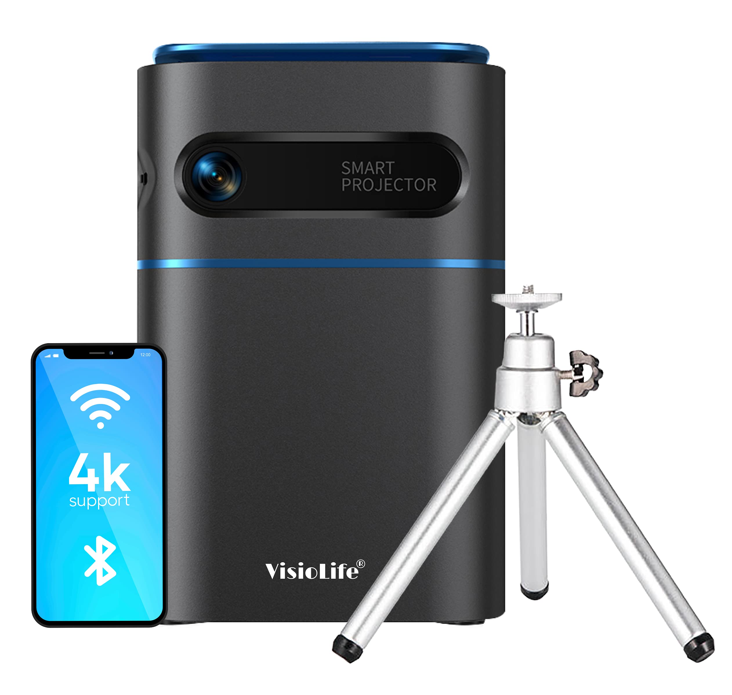 VisioLife - Mini Projector 4K Support For Mobile and Laptop Wifi Bluetooth, Video Projector Portable HDMI USB 7000mAh IOS and Android 150 inch 10W Speaker With Stand – New 2022 Touchscreen