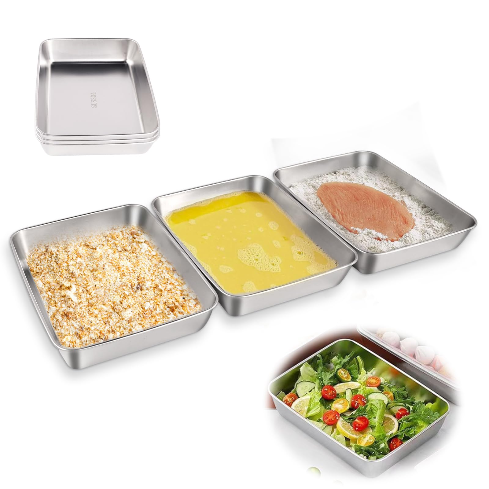 Set di 3 Vassoi Rettangolari in Acciaio Inox,Ciotole per Impanare,Teglie per Impanatura in Acciaio Inox,Teglia per Briciole Rettangolare,Impilabili-Vassoi per Alimenti Come Pangrattato e Farina