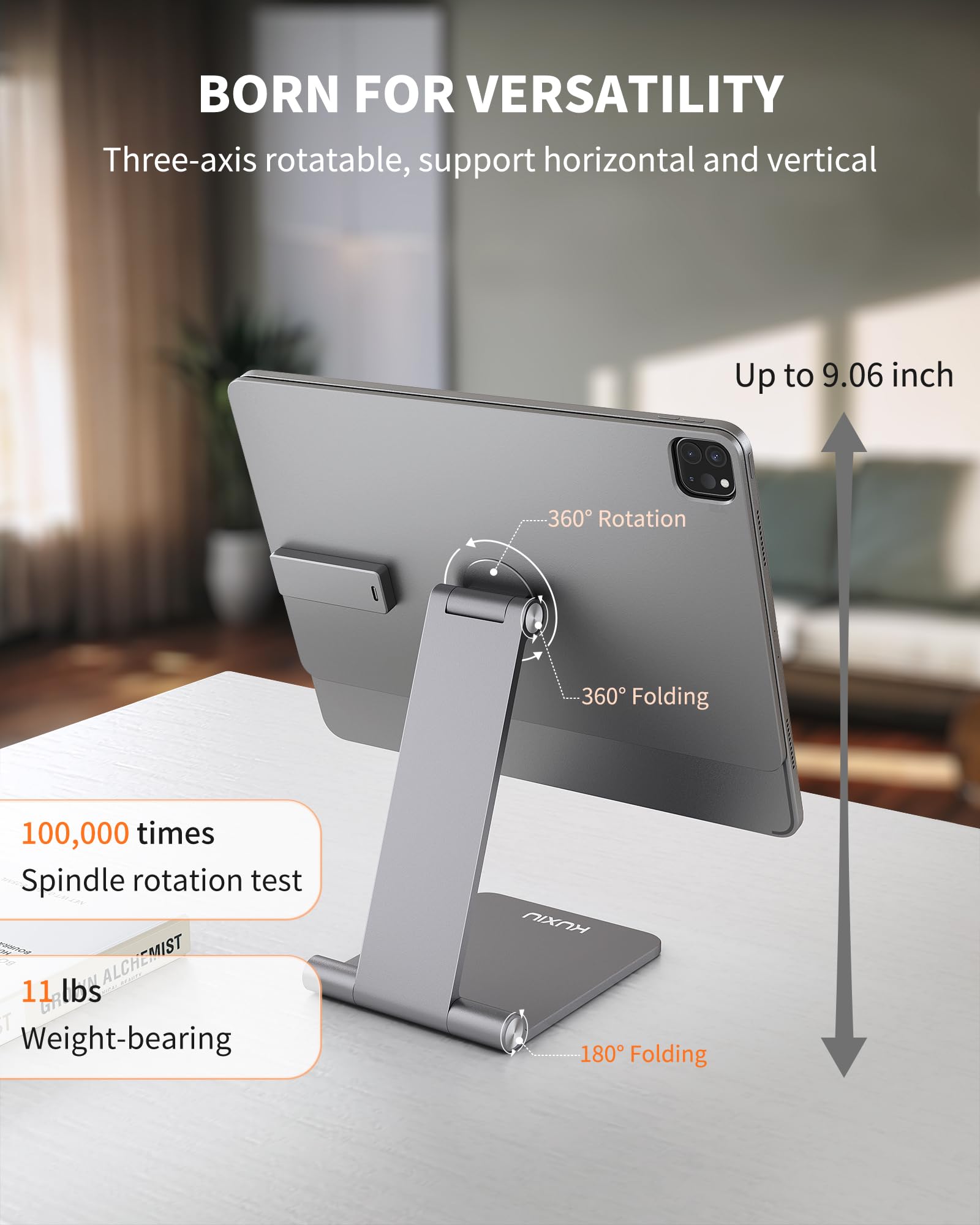 KU XIU X33 PRO MAX Supporto di Ricarica Magnetico per iPad Pro 11" M4 (2024) Solo, Supporto Tablet Pieghevole in Lega di Alluminio per Scrivania, Stand Regolabile a 360° con Cavo USB-C da 1M