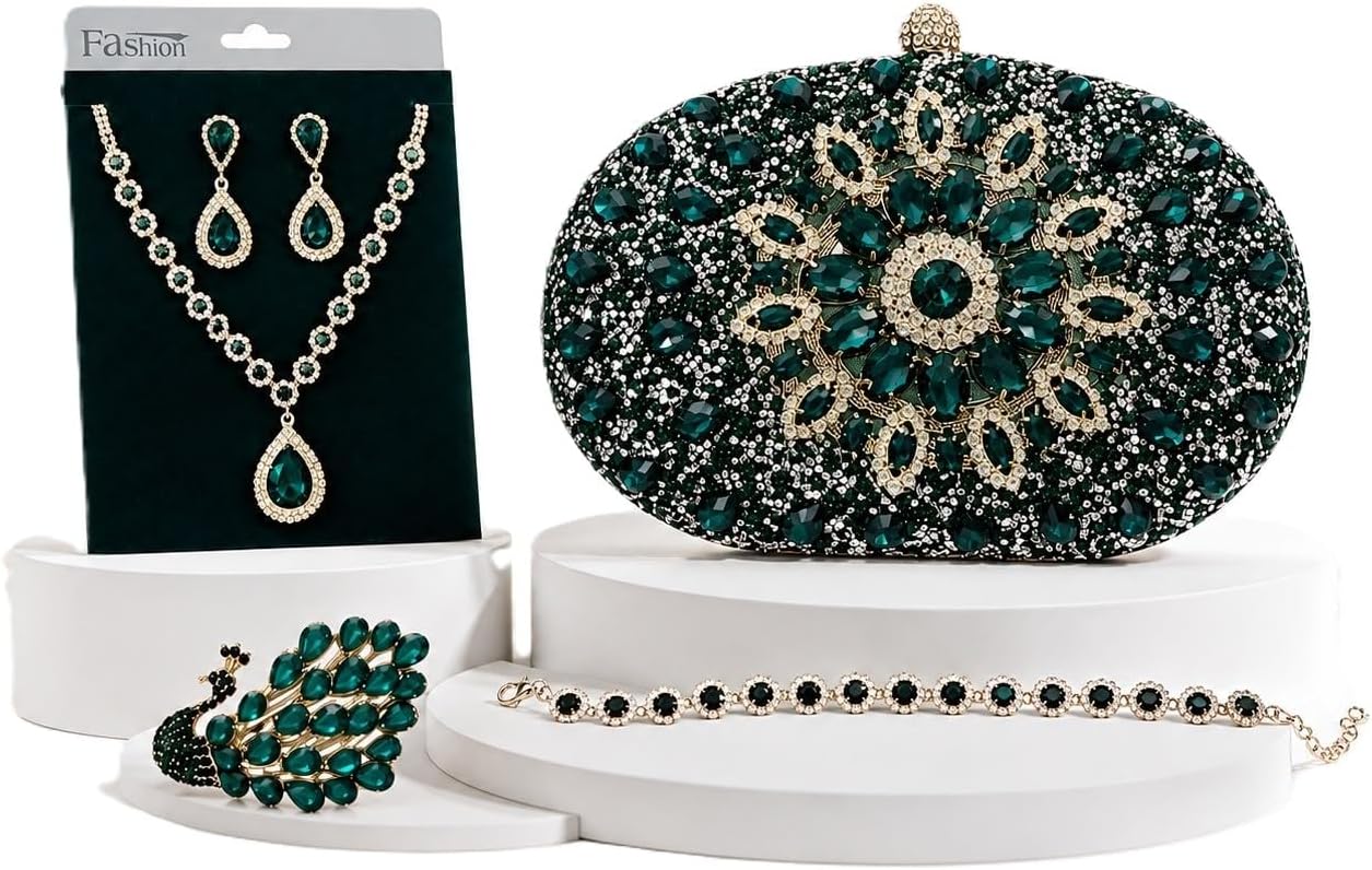 4-Piece Emerald Luxe Jewelry & Clutch Set – Statement Evening Accessory Collection