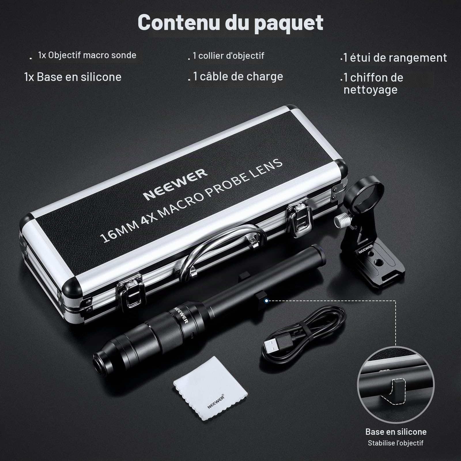 NEEWER Objectif Macro Sonde 16mm 4X avec Champ de Vision de 109°,Filetage de 17mm,Lumière LED Rechargeable,Compatible avec iPhone Samsung Objectif de Caméra,NEEWER Cage/étui pour Téléphone,LS-63