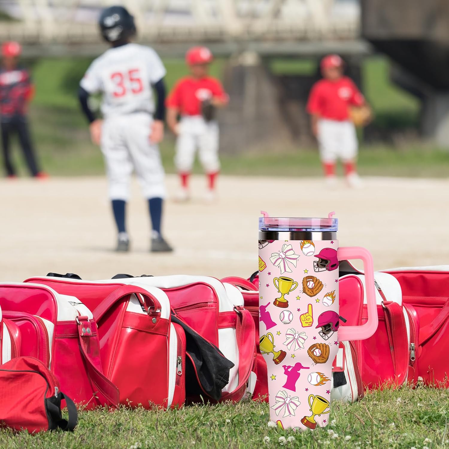 JarThenaAMCS Softball Tumbler with Lid and Straw 40oz Hot Pink Yellow Bowknot Softball Tumbler with Handle Sport Stainless Steel Cup for Christmas Home Office Travel Women Gifts - Image 7