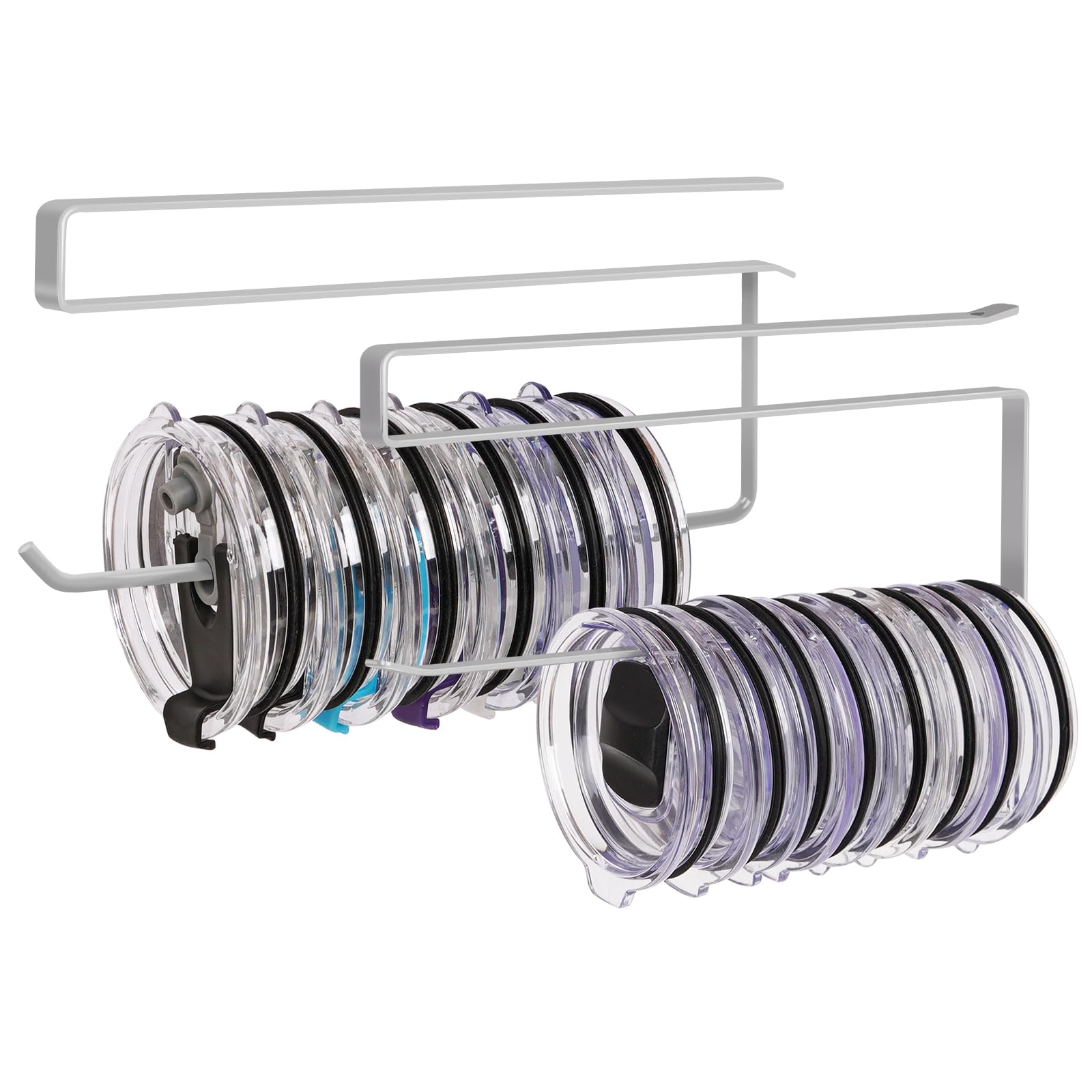 Photo 1 of 2 Pack Tumbler Lid Organizer, Horizontal Tumbler Lid Storage Hook Up to 20 Lids, Space Saving Cup Lid Holder Under Cabinet Tumbler Lid Hook for Kitchen Organizer, Paper Towel Hanger(Round&Flat, Grey)