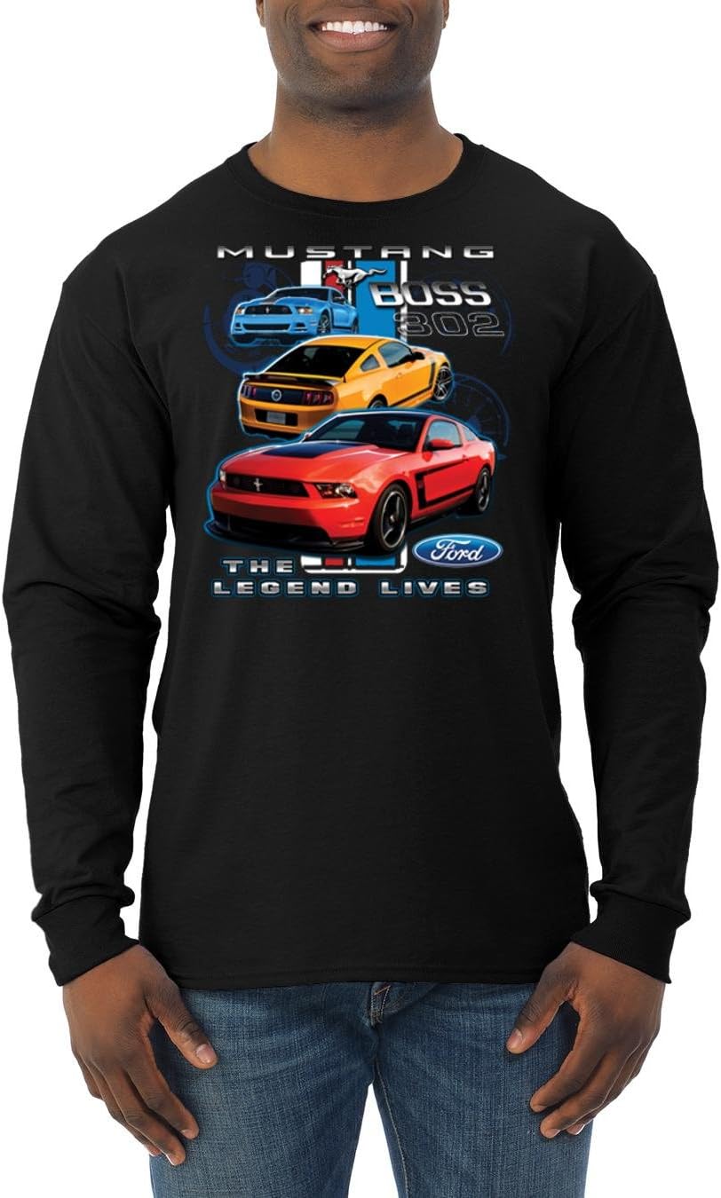 Ford Legends Mustang Boss | Mens Planes/Trains/Automobiles Long Sleeve Tee Graphic T-Shirt