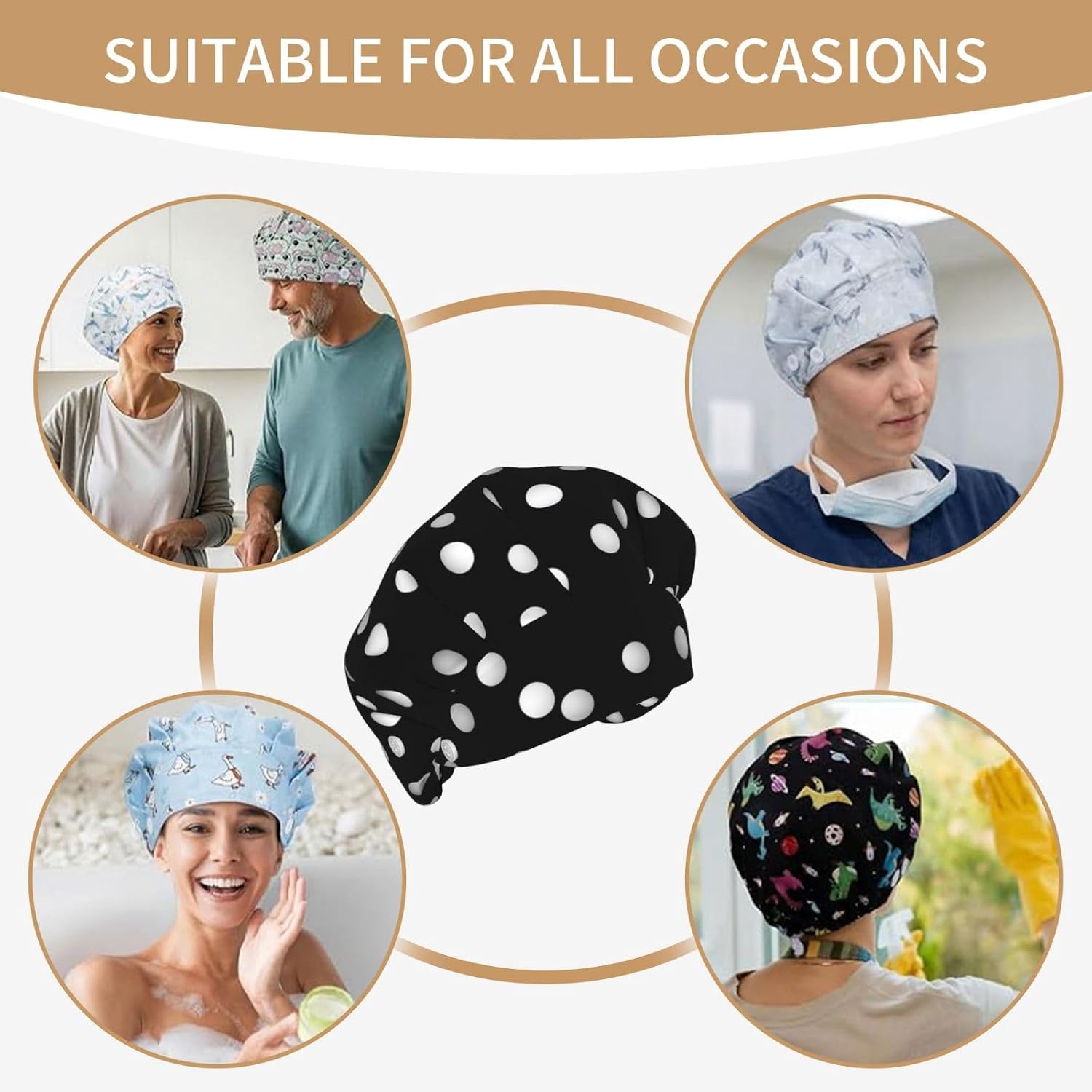 Black White Polka Dots Bouffant Cap with Buttons, Sweatband Cap