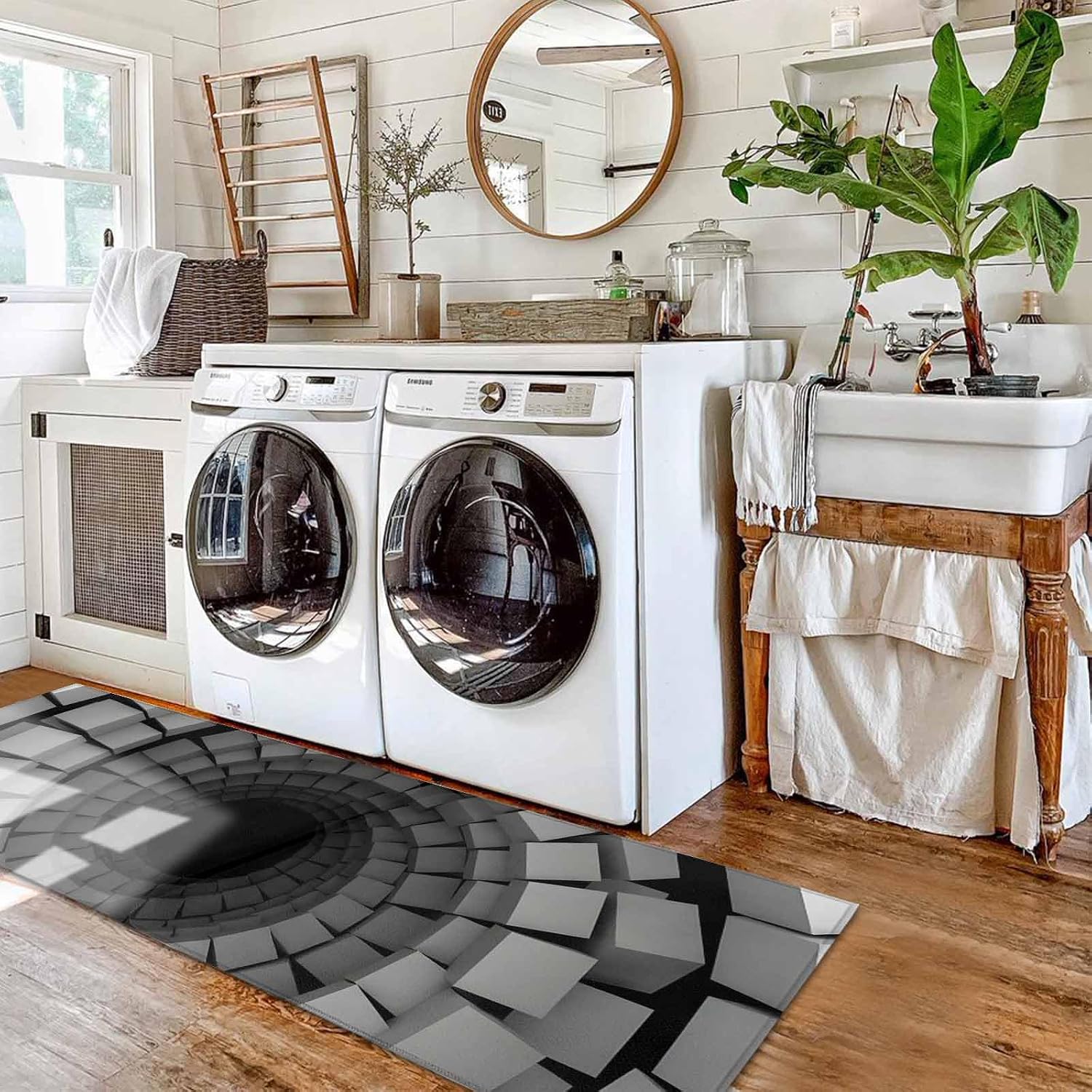 Teamery Kitchen Mats for Floor Geometric Cube Vortex Washable Non Slip Kitchen Rugs 2PCS, Modern 3D Background Absorbent Standing Mats for Sink Bathroom Office Living Room 15.7x23.6in+15.7x47.2in
