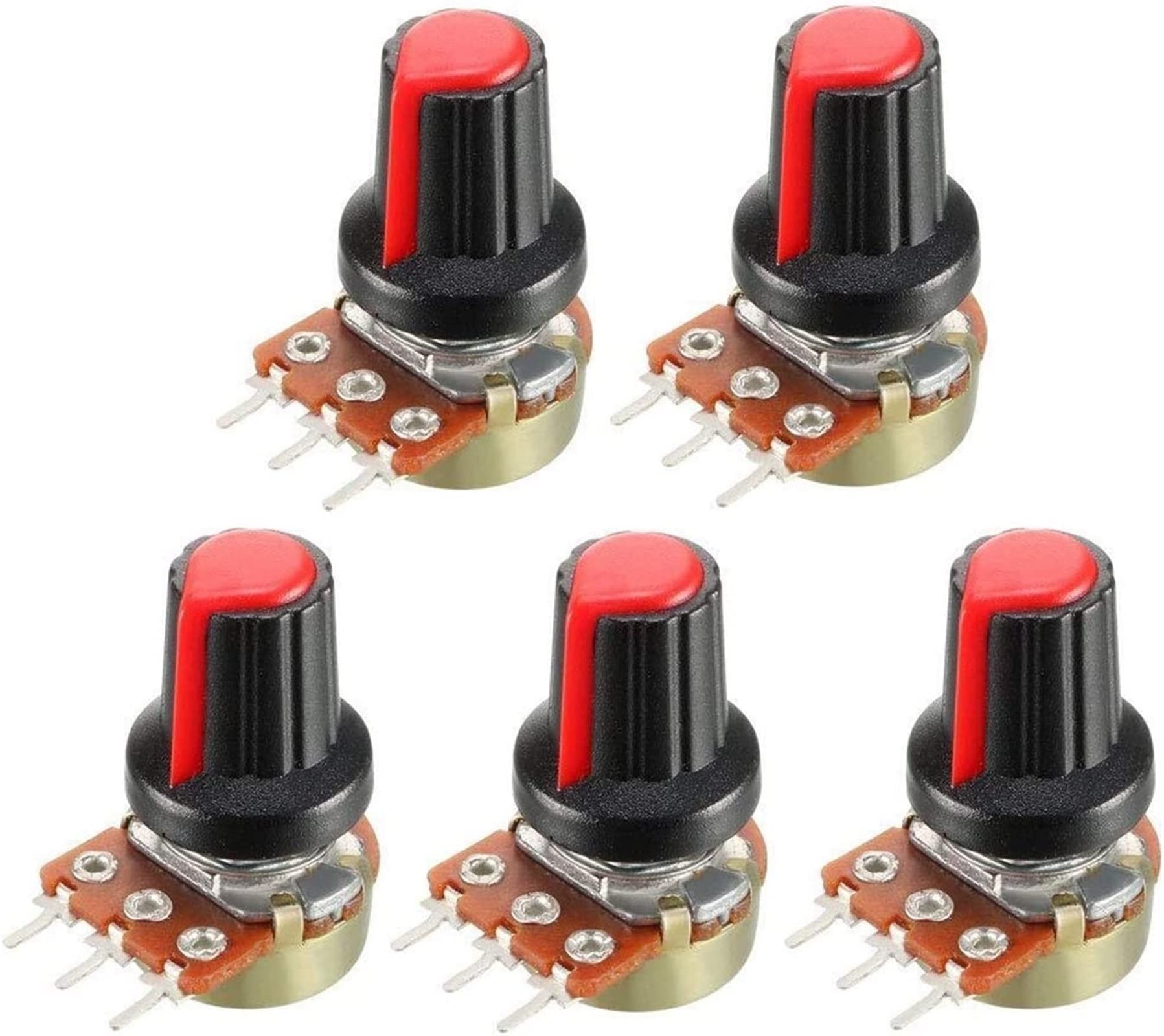 Accesorios de bricolaje Codificador rotatorio 5 unids/lote potenciómetro de película de carbono WH148 15mm 3 pines + Kit de tapa de perillas de interruptor giratorio rojo B1K 2K 5K 10K 20K 50K 100K 25