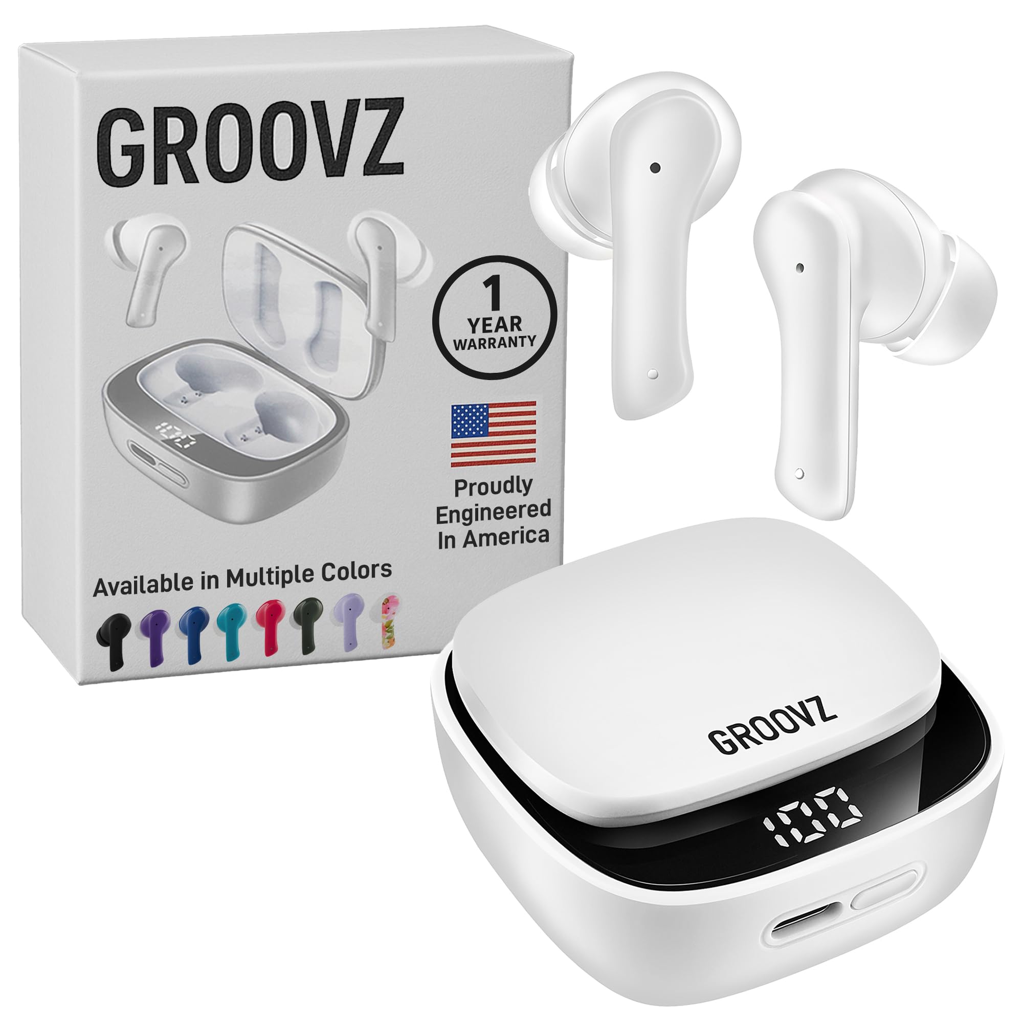 Groovz True Wireless Earbuds with Charging Case - Designed and Engineered in The USA - IPx4 Water Resistant Bluetooth Earbuds Compatible with Apple