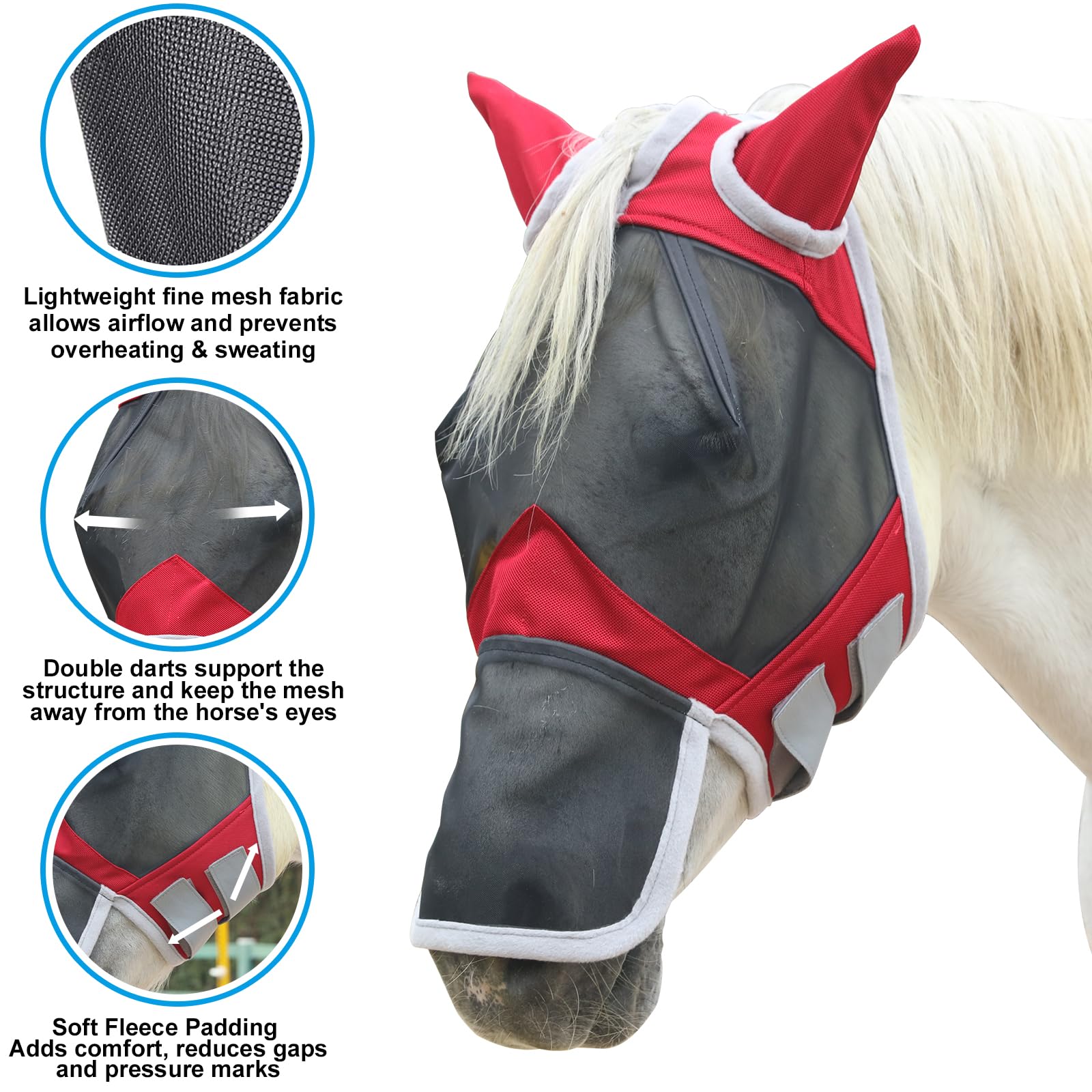 Gallopoff Horse Fly Mask with Ears & Long Nose Cover | Forelock Opening for Tangle-Free Mane Care | UV Protection & Breathable Mesh | No Rub Fit and Enhanced Visbility for Trail Riding Red Full