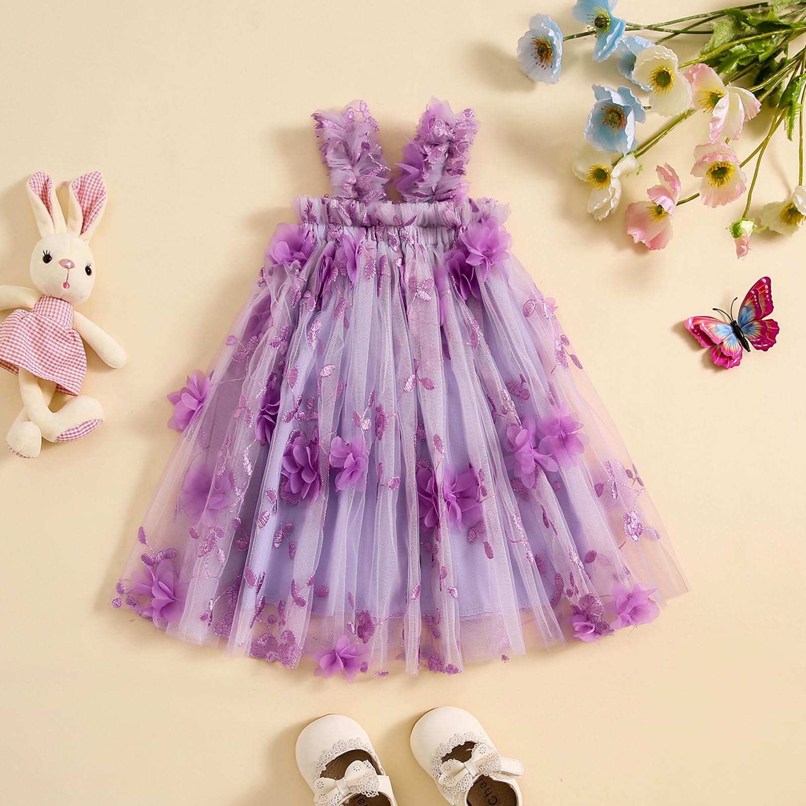 Baby Girl Tulle Tutu Dress Sleeveless 3D Floral Photoshoot Dresses Toddler Birthday Party Princess Dress (Purple, 3-4 Years)