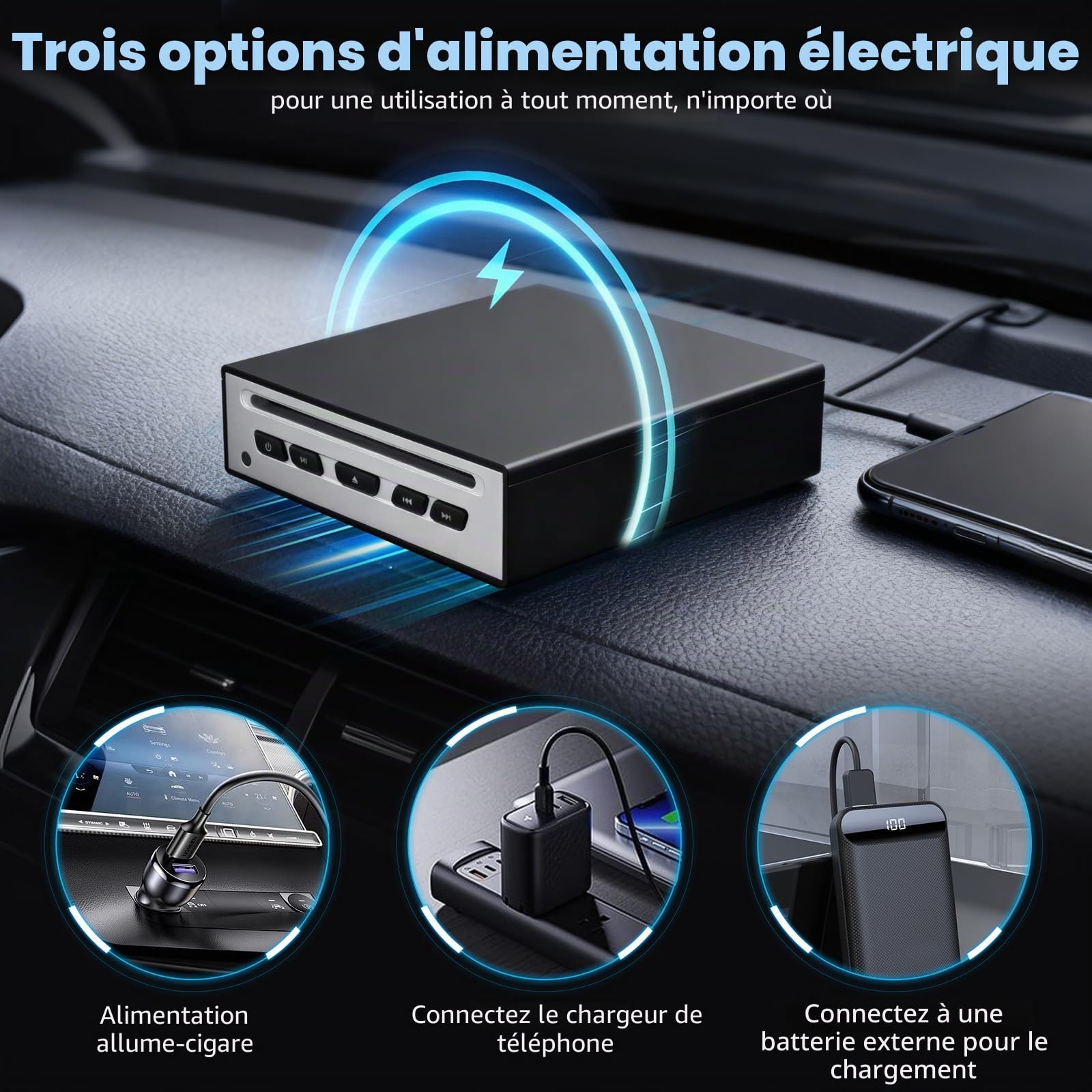 Lecteur CD pour voiture - Lecteur CD externe universel avec port USB, AUX, HDMI et USB-C, Plug & Play, compatible avec autoradio, ordinateur portable, TV, ordinateur et systèmes hi-fi