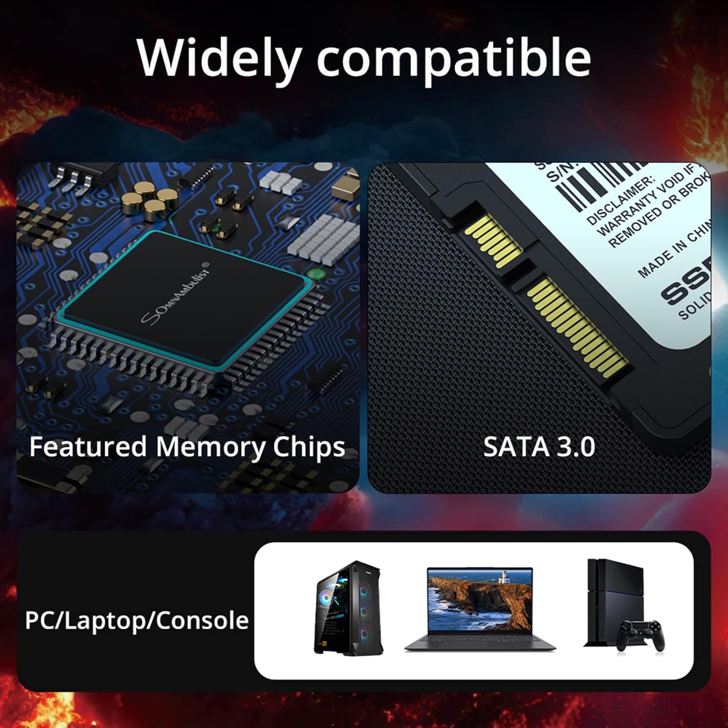 Somnambulist H650 SSD showing wide compatibility with PC, Laptop, and Gaming Console