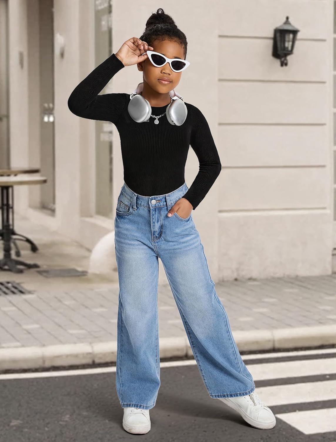 Jeans for Girls Baggy Wide Leg Cute Bow High Elastic Waisted Denim Pants Y2K Boyfriend Skater Streetwear 7-14Y - Image 2