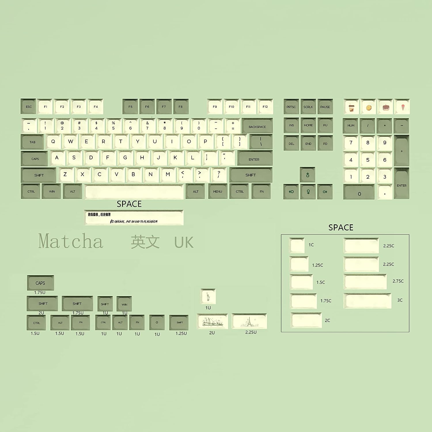 YMDK Matcha 3.0 Dye Sub ZDA PBT Keycap Similar to XDA Japanese Korean Russian for MX Split Keyboard 104 87 61 Melody 96 KBD75 ID80 GK64 68（Only Keycap）(Matcha English Kit 3.0)