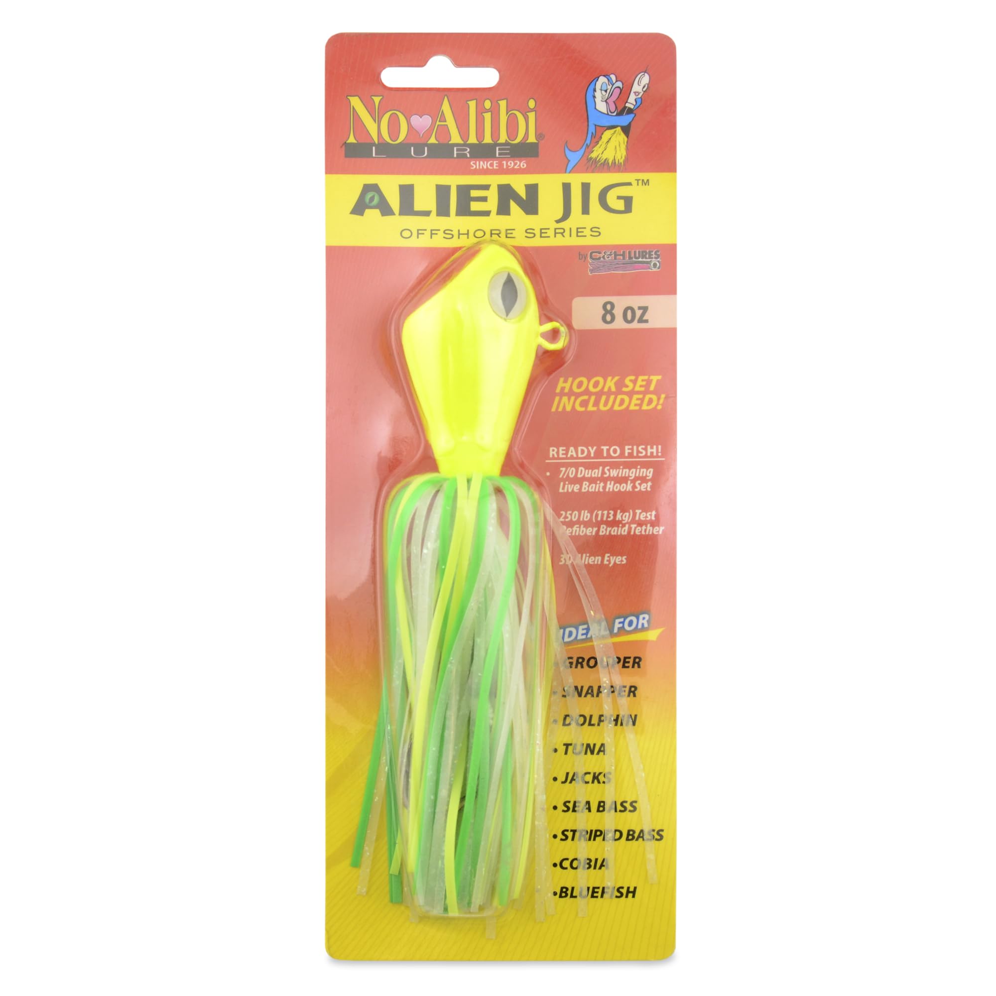 No Alibi Alien Jig Offshore Series – Pre-Rigged Swinging Hook Jig for Saltwater Bottom Fishing – Fast-Sinking, Upright-Landing Design – 2 oz, 4 oz, 6