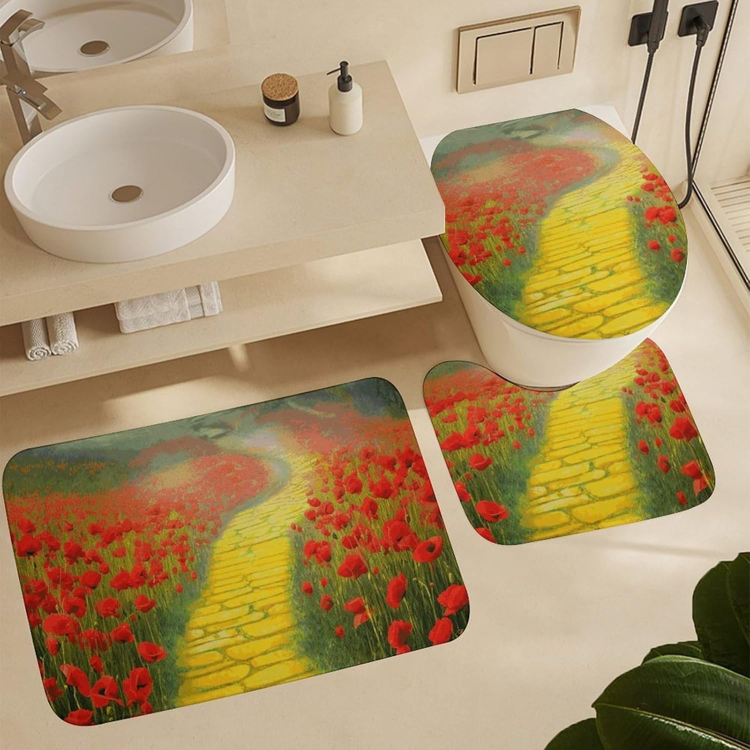 Poppies Field Yellow Brick Road Shower Curtain Set 4 Piece, Non-Slip Bath Mat with Toilet Lid Cover and Waterproof Shower Curtain with 12 Hooks, Complete Bathroom Set for Home Decor