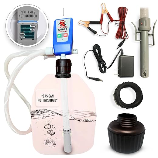 PumpMatic Super Gas Pump Battery Powered Fuel Transfer Pump Extra Long 4.25FT Hose for Gas, Diesel, Kerosene, 3.2 GPM, Auto-Stop Sensor, No Spills or Leaks with 3 Power Sources - Siphon Pump