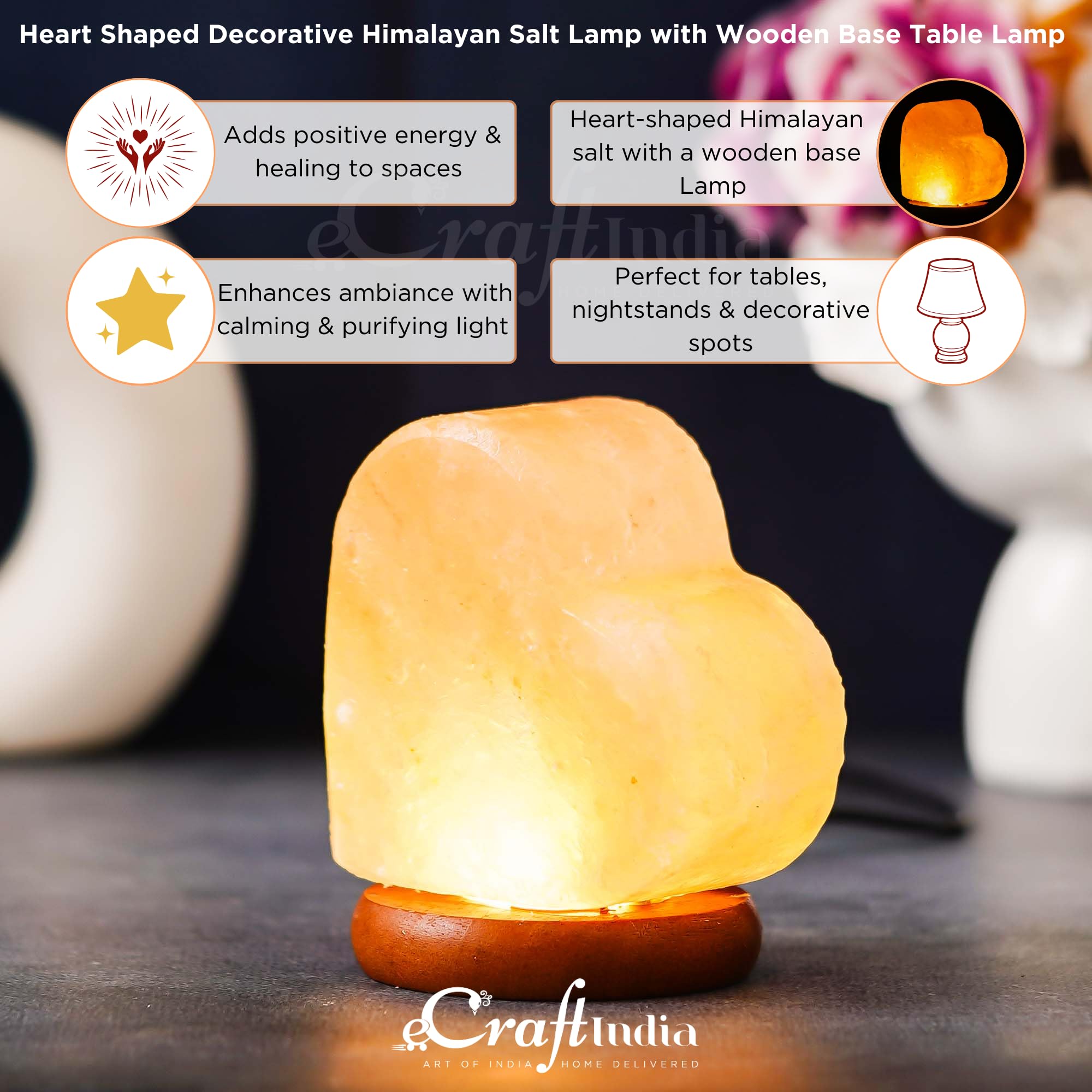 eCraftIndia Heart Shaped Decorative Himalayan Salt Lamp with Wooden Base- Table Lamp for Positive Energy, Healing, Vastu & Home Decoration - Gift for Diwali Christmas Birthday Valentine's Day New Year 4