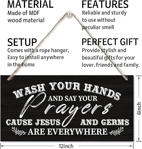 Miniatura 2 de Letrero con texto en inglés Wash Your Hands And Say Your Prayers (Wash Your Hands And Say Your Prayers, placa de madera impresa para colgar en la