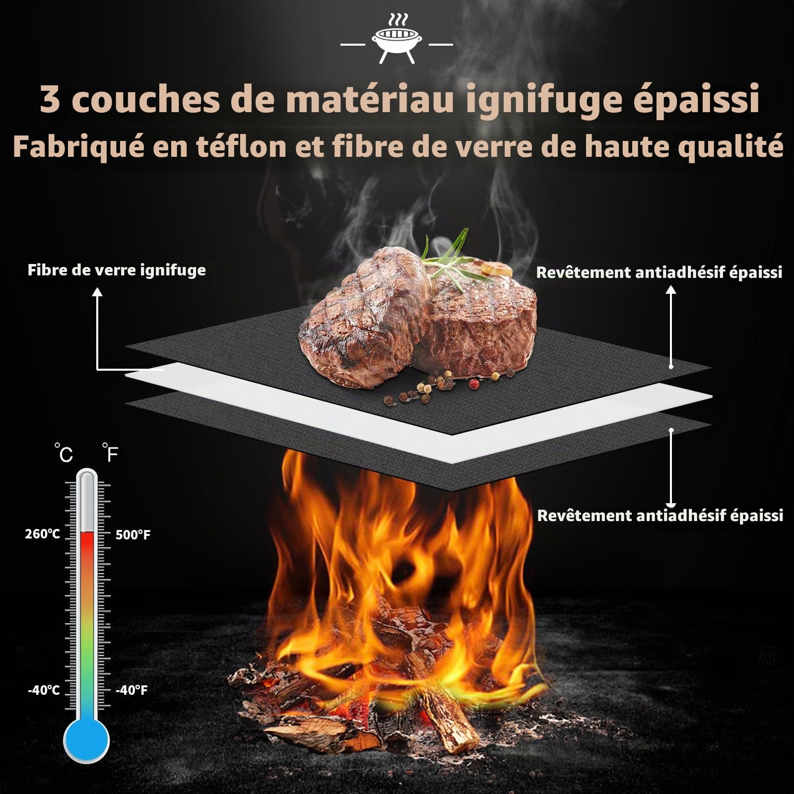 Lot de 5 Tapis Barbecue 60x40cm Anti-adhérent Téflon Réutilisable avec Brosse et Clip