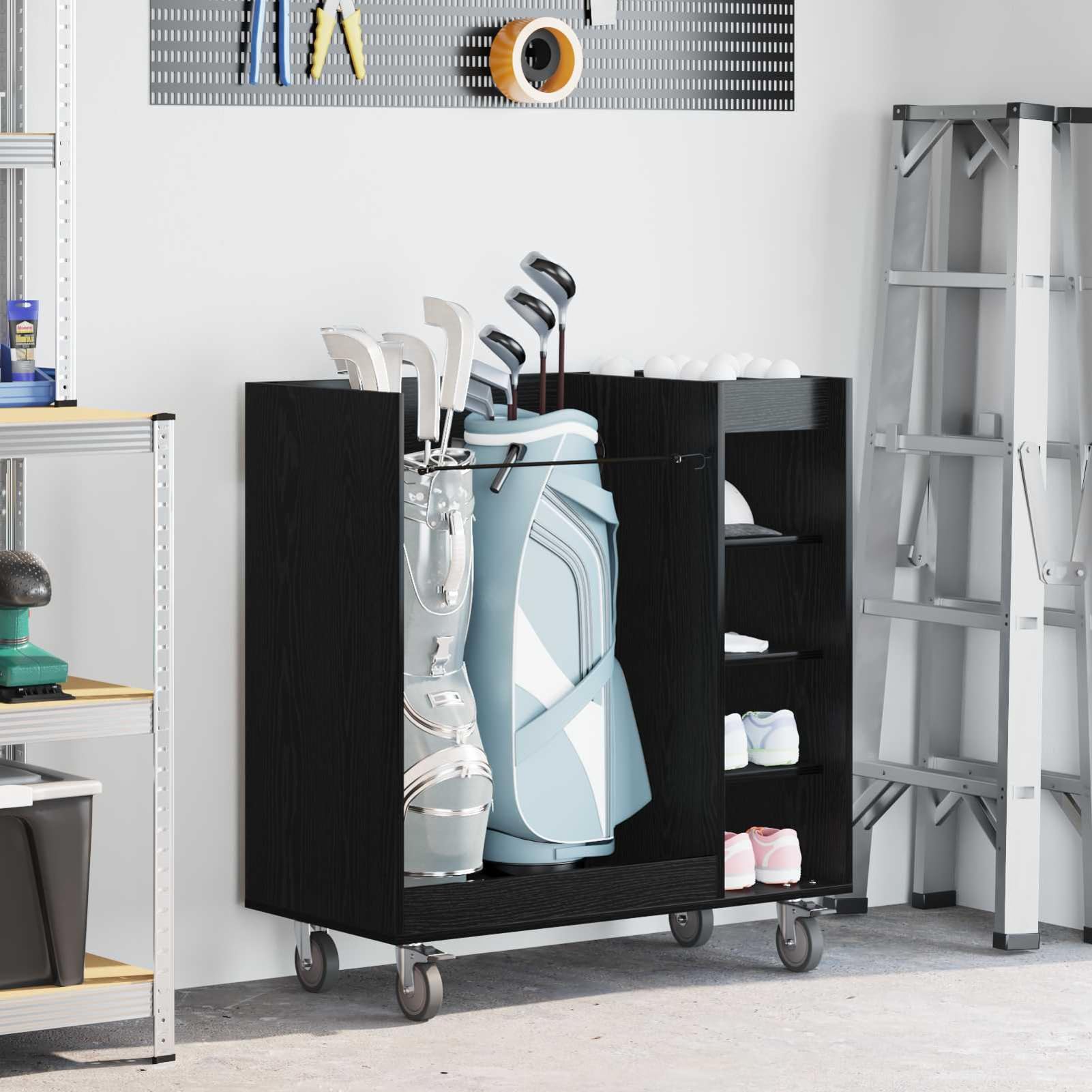 Gecheer Golf-Schrank Schwarz Eichen-Optik, 90 x 45 x 98 cm, Holz, Stauraum für Golfzubehör, für Garage und Wohnraum