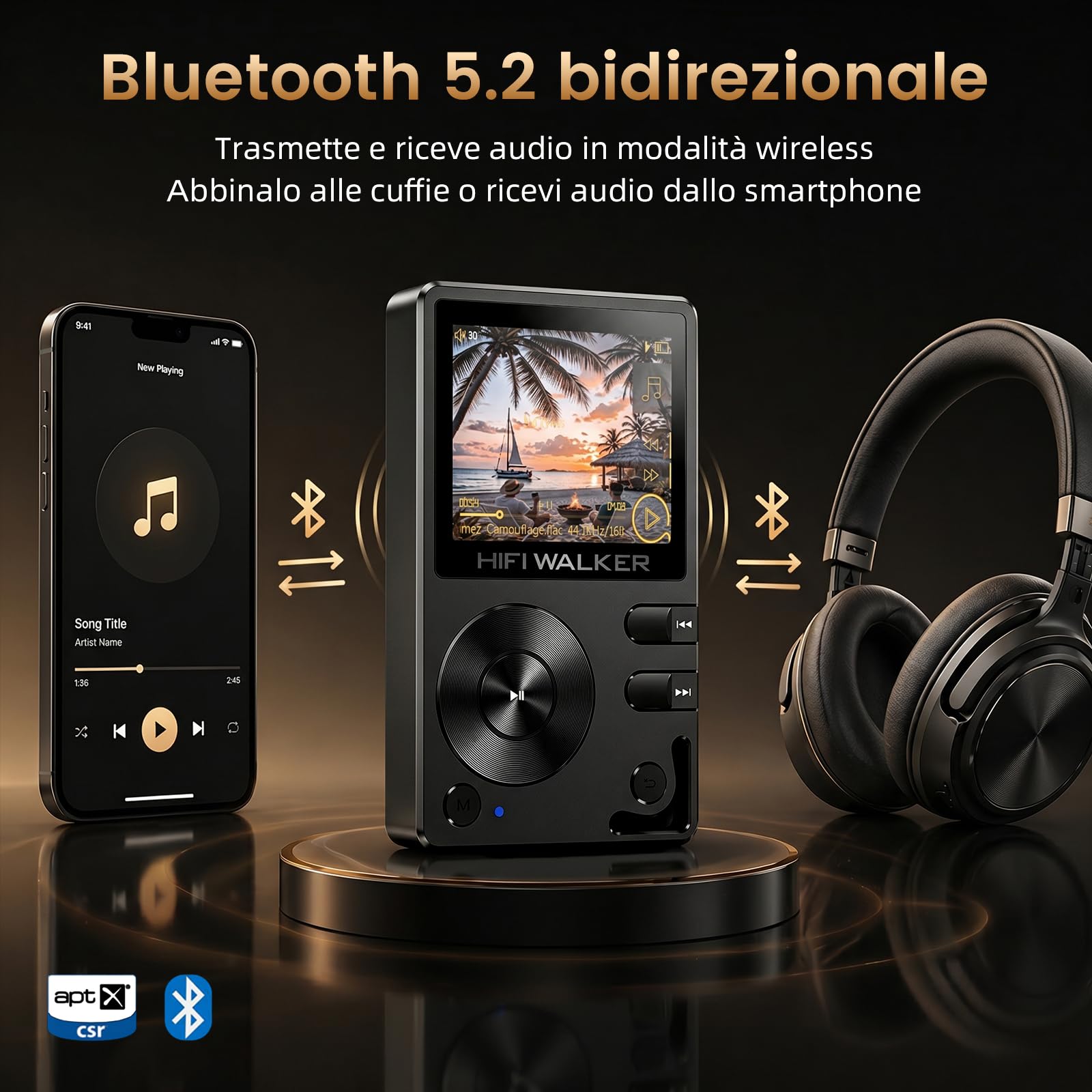 HIFI WALKER Lettore MP3 HiFi H2 con Bluetooth, Lossless DSD DAC Flac, lettore musicale ad alta risoluzione, lettore audio portatile con scheda di memoria da 64 GB, supporta fino a 256 GB