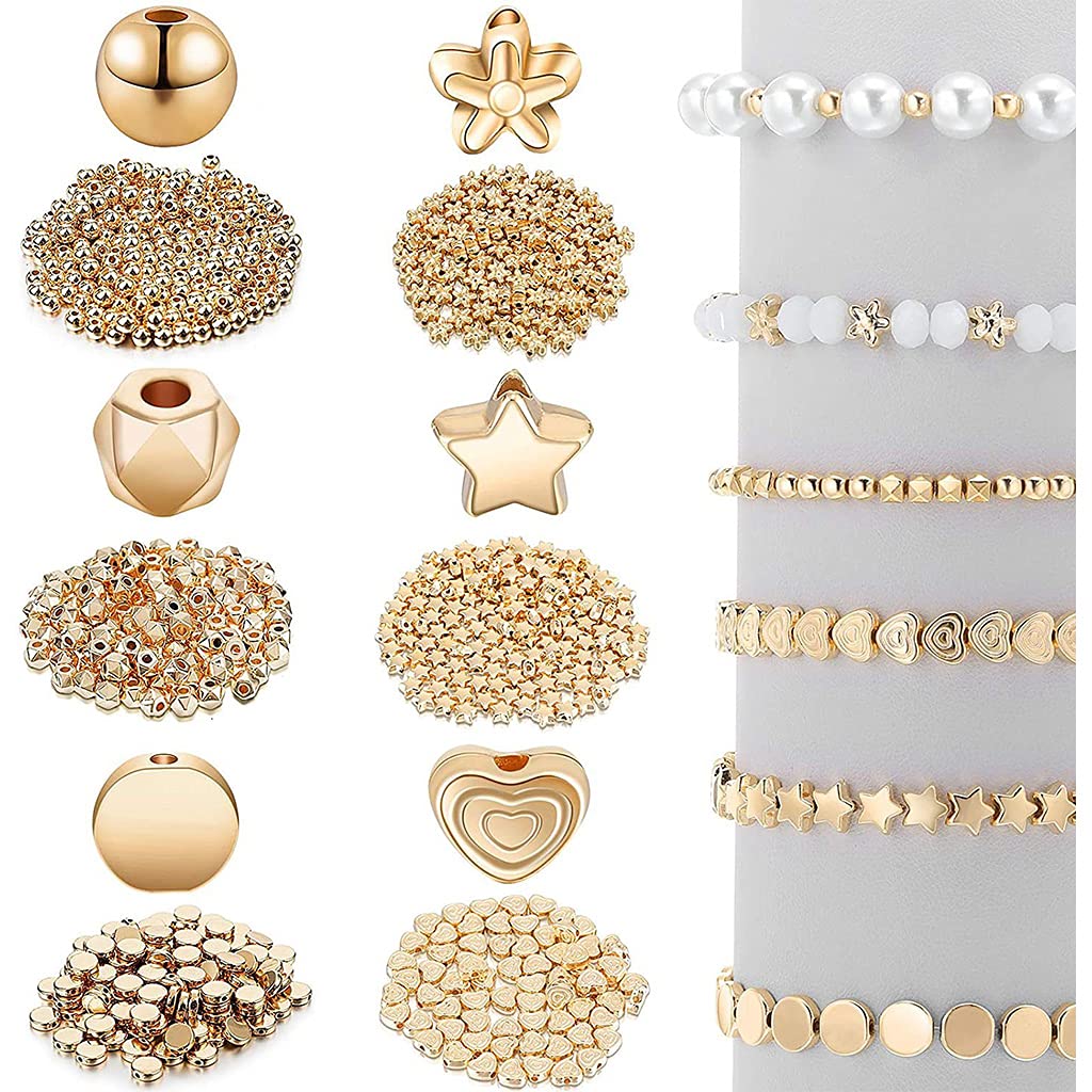 oringnat Golden Spacer Beads False Pearl Beads for Jewelry Making Flat Round for Beads Elastic String for Bracelet