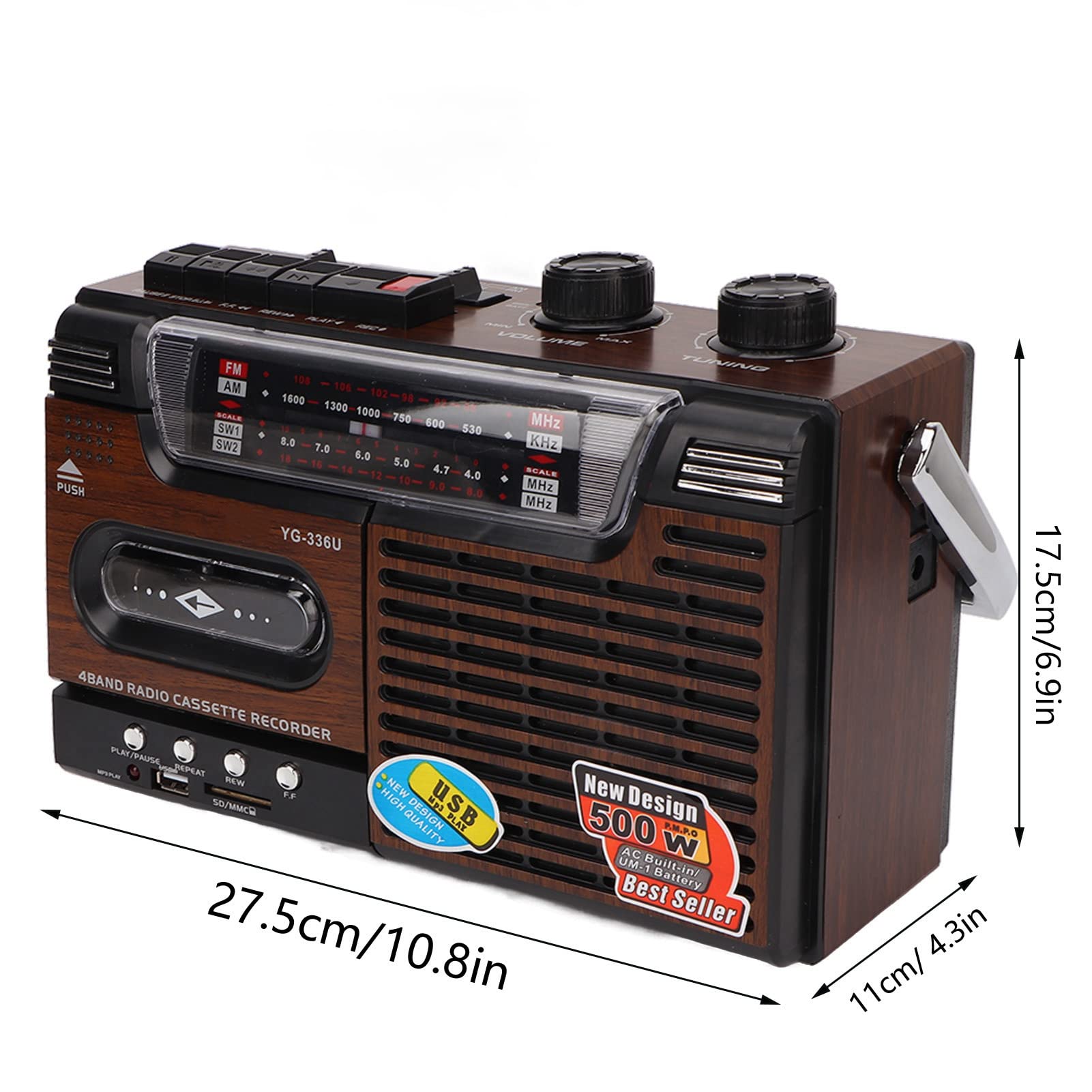 Przenośny odtwarzacz kasetowy, radio AM-FM, magnetofon kasetowy w stylu retro do domu i rozrywki, doskonała jakość dźwięku, częstotliwość robocza 530-1600 kHz,