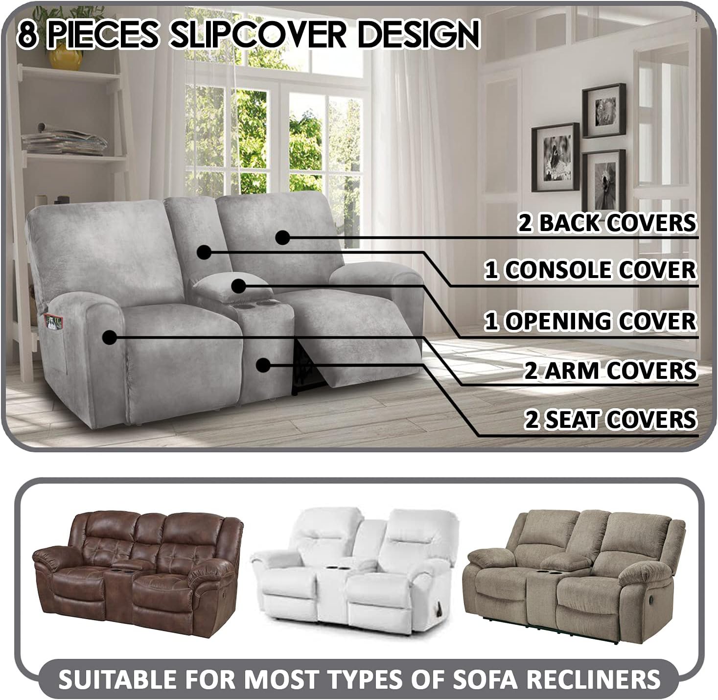 reclining love seat with middle console slipcover, 8-piece velvet stretch loveseat reclining sofa covers, 2 seat loveseat recliner cover, thick, soft, washable, loveseat slipcovers (light grey)