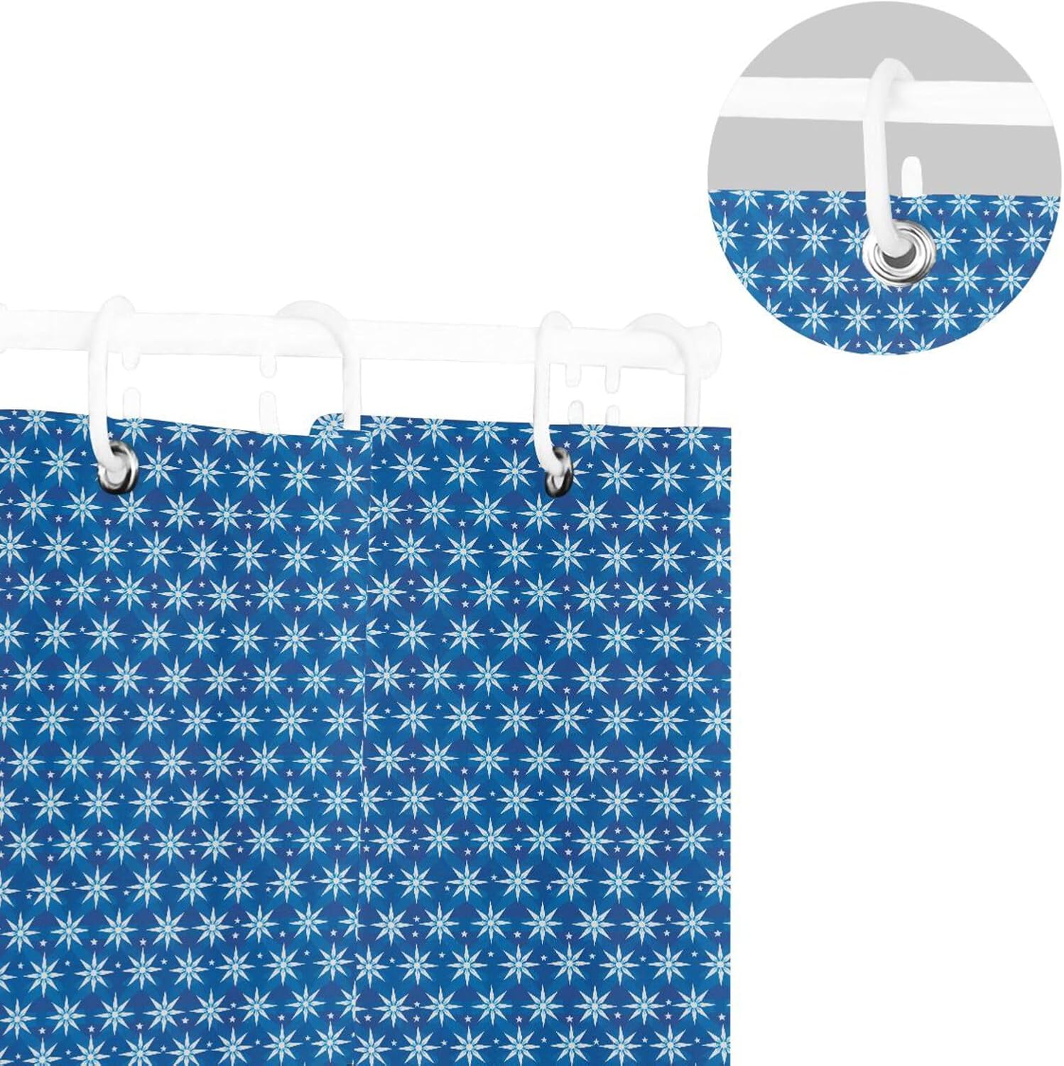 66x72 Inch Water Resistant Cloth Bathroom Shower Curtains with Hook White Stars Flower Blue Polyester Resistant Washable Material Curtain Liner for Bath Decorative