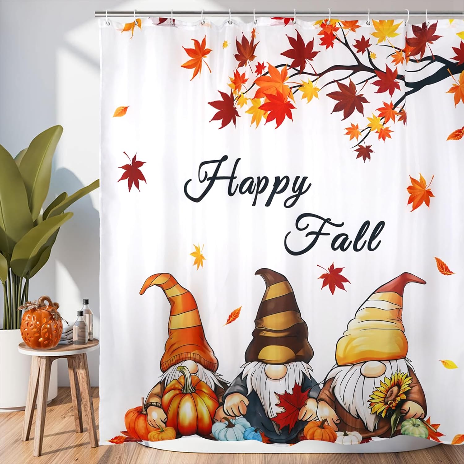 Fall Shower Curtain, Autumn Thanksgiving Shower Curtains Fall Leaves Gnome Pumpkin Shower Curtains for Bathroom 72"x72" with 12 Hooks