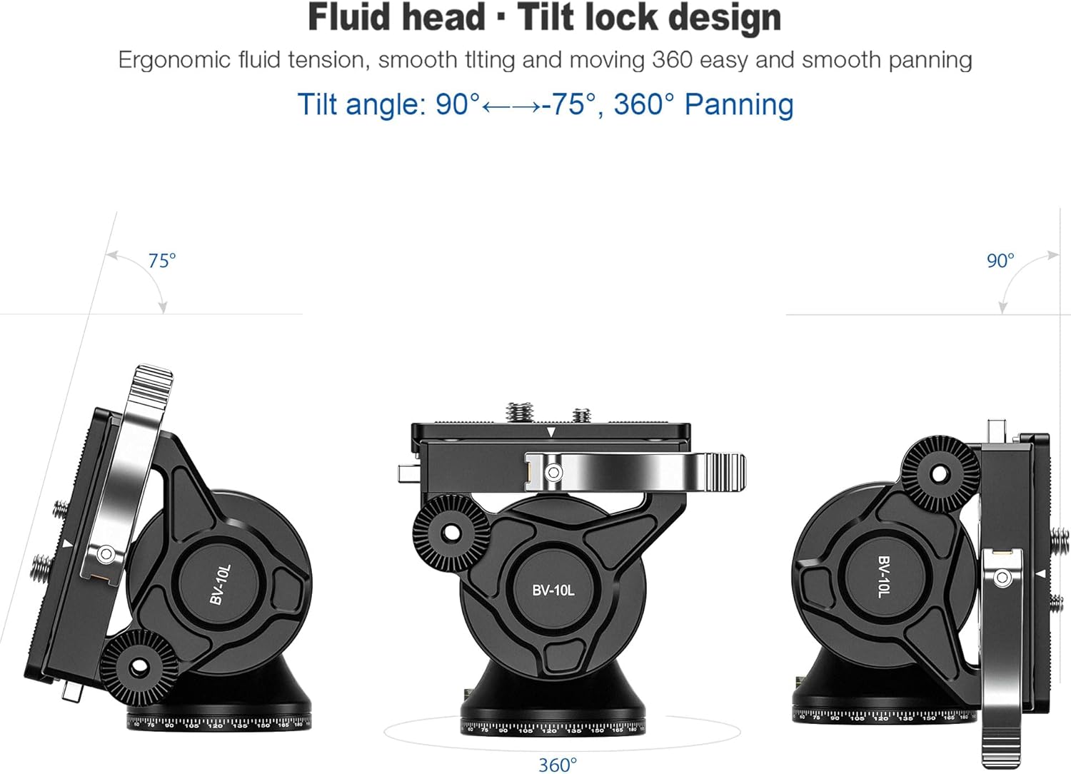 Leofoto Professional Fluid Video Head with Flat Base and Adjustable Handle, Fluid Dampened, 360º Panning with Pan Lock, Heavy Duty for Video Cameras, Weight 0.75kg/1.65lb, Load up to 11lbs (BV-10L)