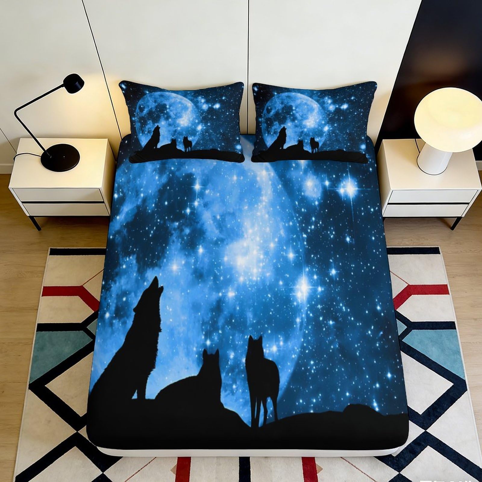 3D Printed Galaxy Starry Sky Fitted Sheet Microfiber Wolf Moon Bed Cover Anti-Slip Easy Care for Bedroom Dorm Decor 120x200x25cm