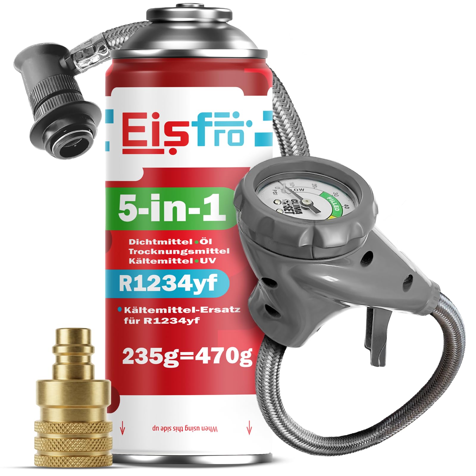 5 en 1 sustituto R1234yf XL + Manguera + Adaptador YF para Aire Acondicionado de automóvil con Aceite, aditivo sellador, colorante UV, Agente deshidratante – Protege el compresor – 1 x 235 g