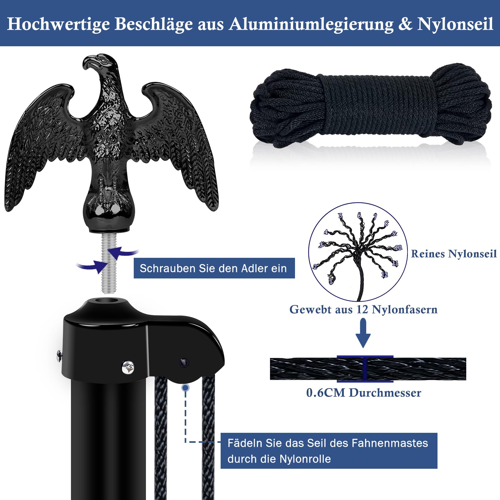 NQ Fahnenmast 6M stabil, 20FT Aluminium Fahnenmast höhenverstellbar, Fahnenstange Set für Außenbereich, Deutscher Fahnenmast(Schwarz)