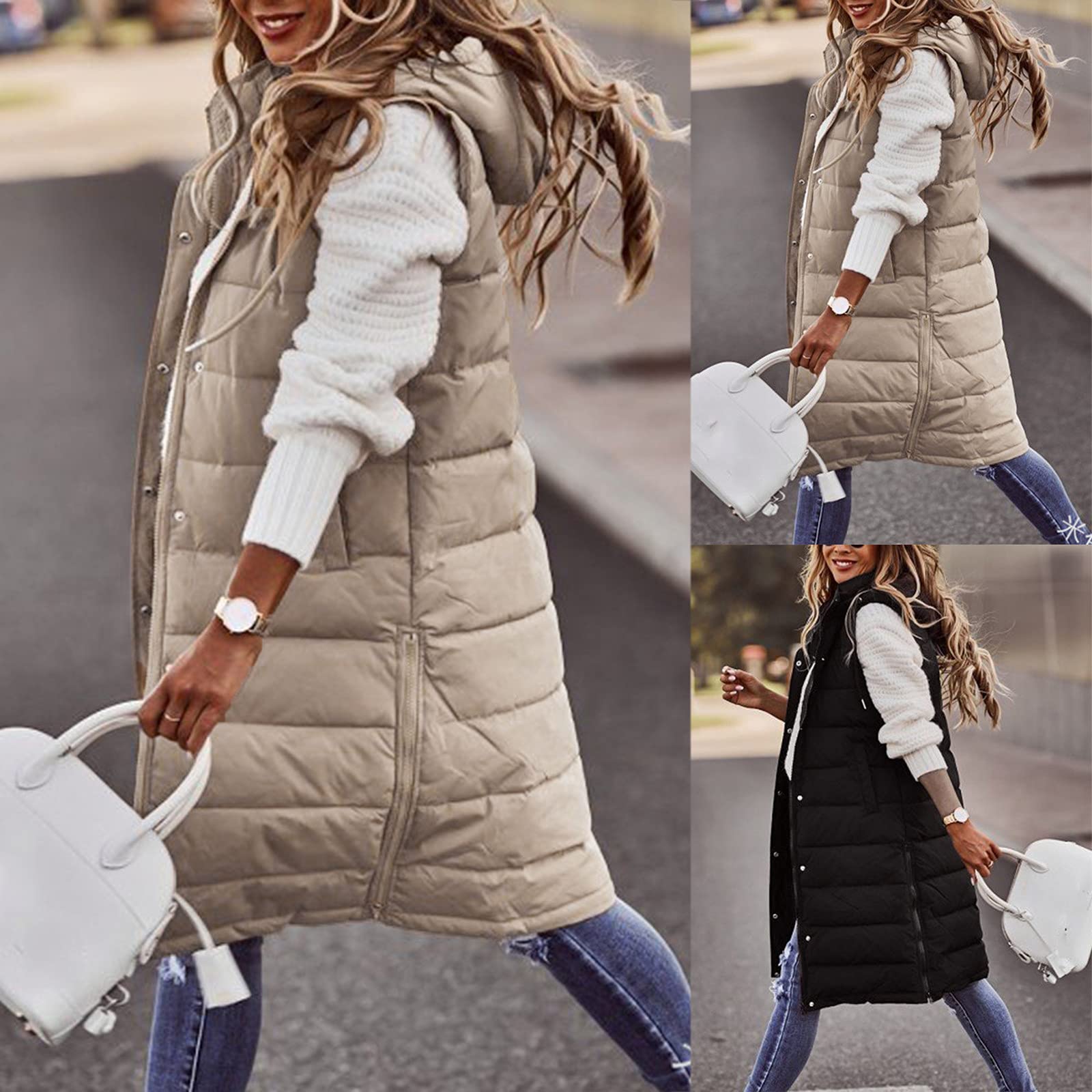 Chaleco largo para mujer con capucha – Abrigo largo de invierno cálido con capucha sin mangas chaleco acolchado para mujer ligero chaleco acolchado para exteriores con bolsillos chaleco