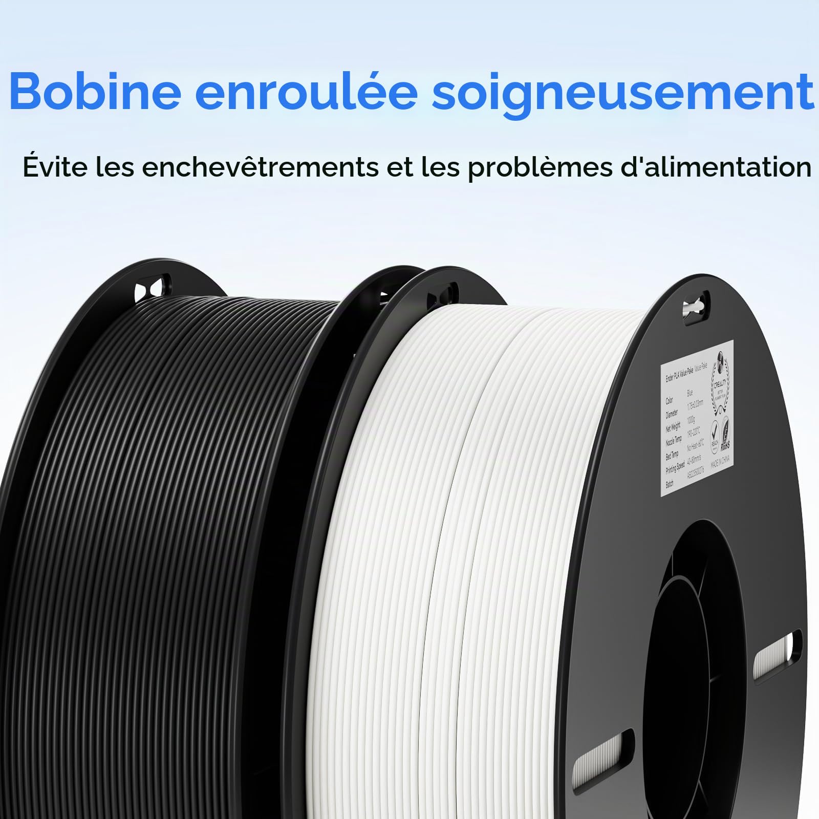 Lot de 2 filaments de 1,75 mm pour impression 3D, filament PLA économique Ender pour imprimantes 3D, sans nœuds, forte adhérence et performance de surplomb, précision dimensionnelle +/-0,02 mm, noir