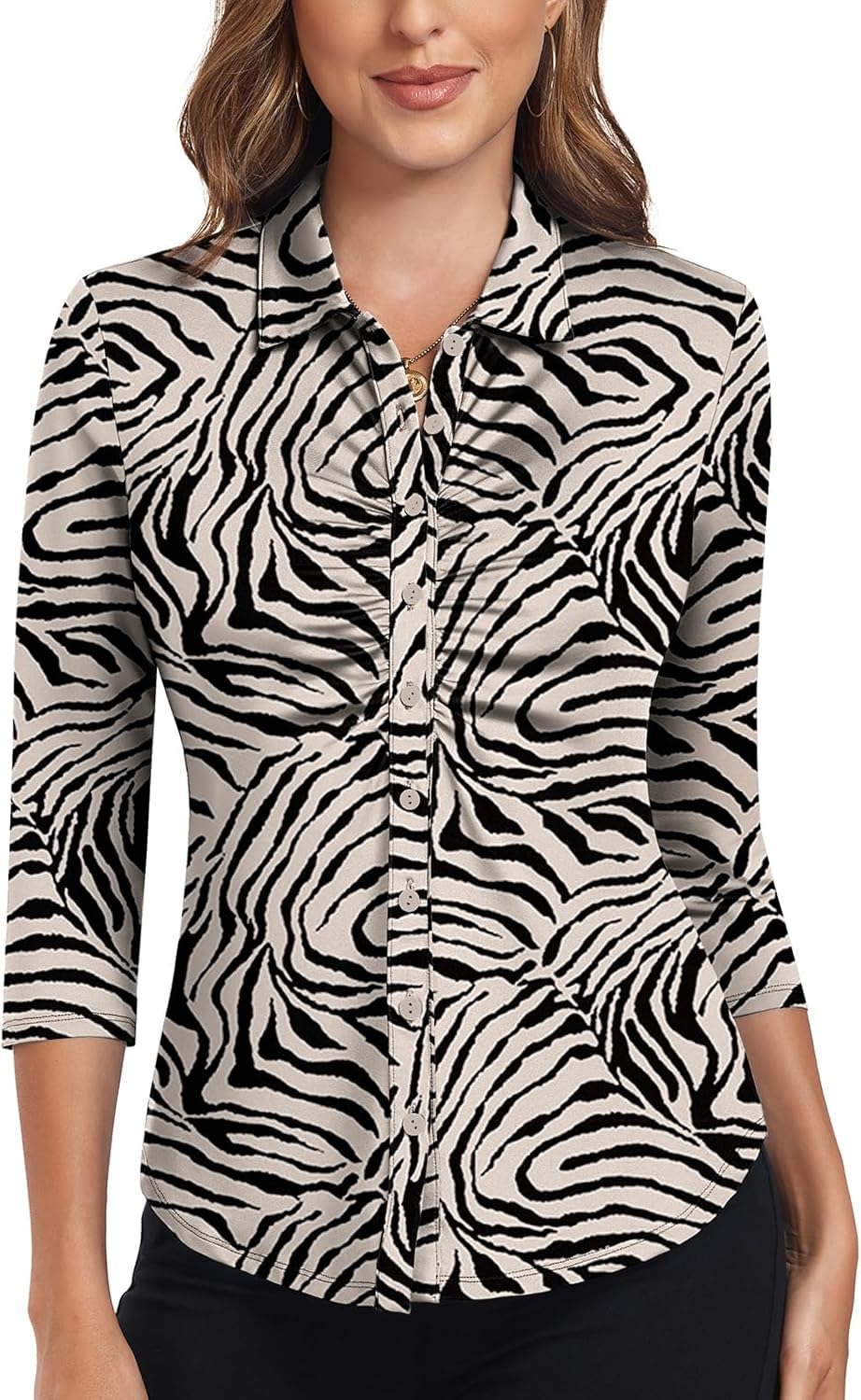 Soneven Women's 3/4 Sleeve Golf Polo Shirts V Neck Ruffle Sleeve Dressy Tops Casual Work Tunic Blouses