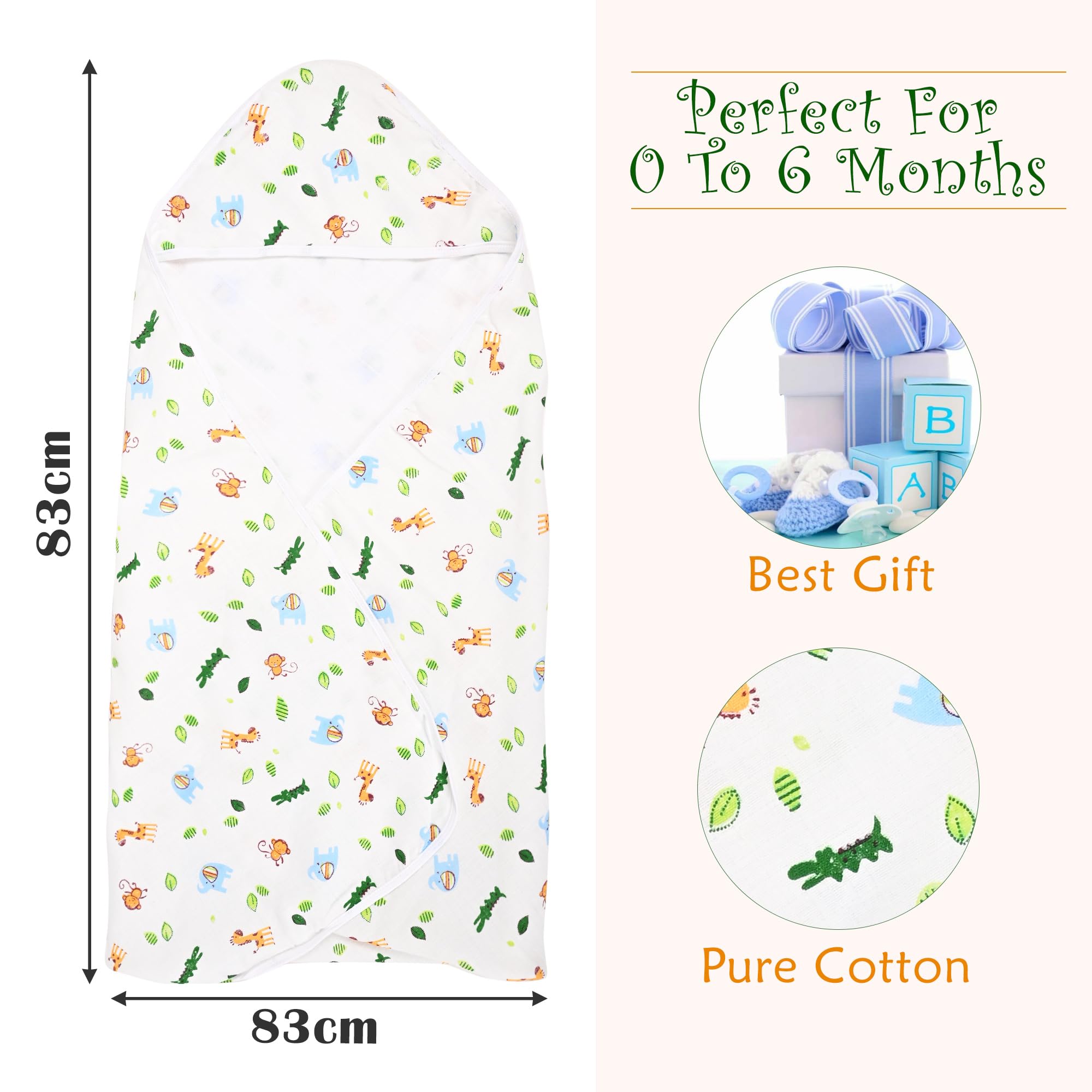 Urbane Home Pack of 2 Soft & Absorbant Cotton Hooded Towels for New Born Baby | Wrapping Bath Towel for 0-12 Months | 83x83 cm | Animal Print-White 1