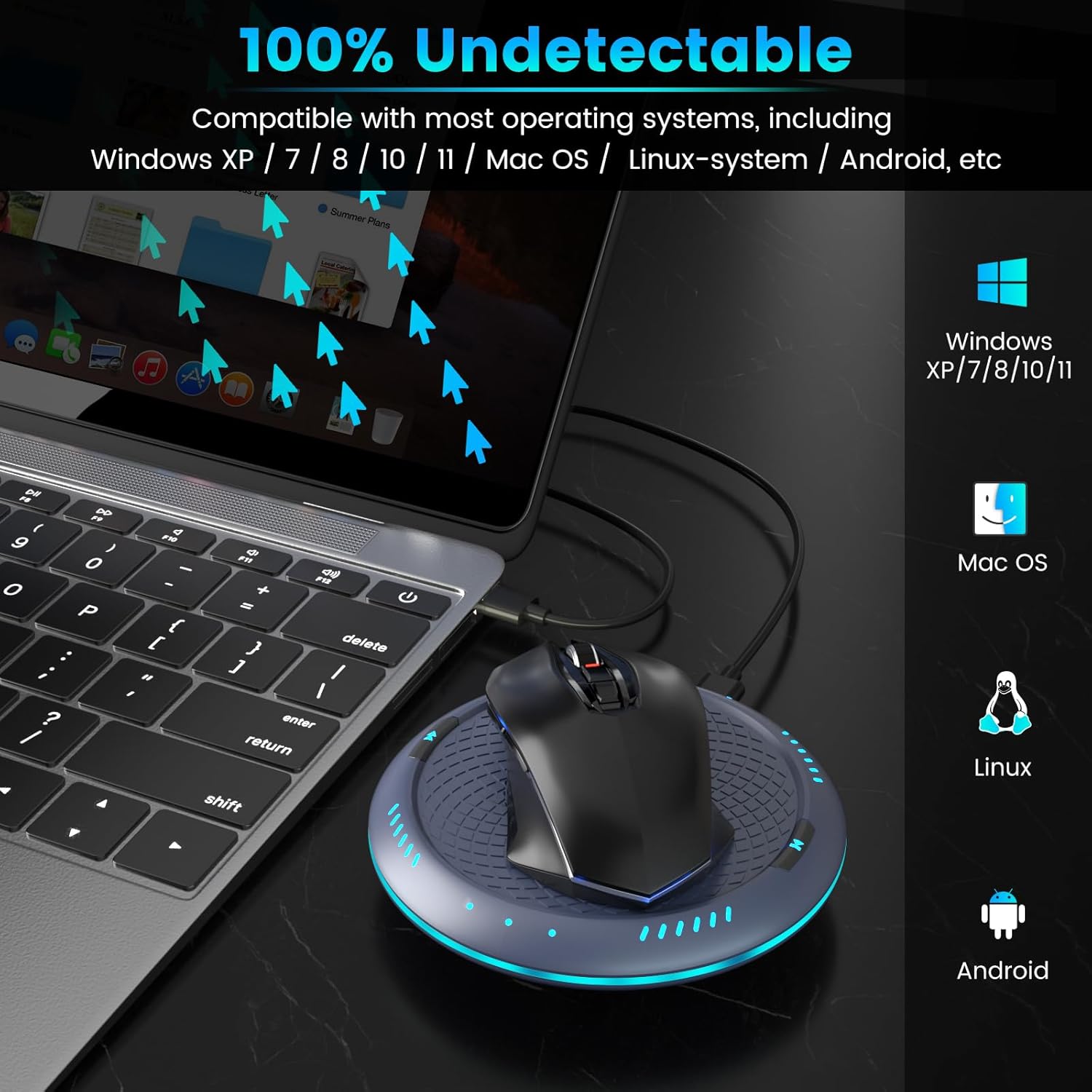 Giguid Mouse Mover demonstrating compatibility with various operating systems.