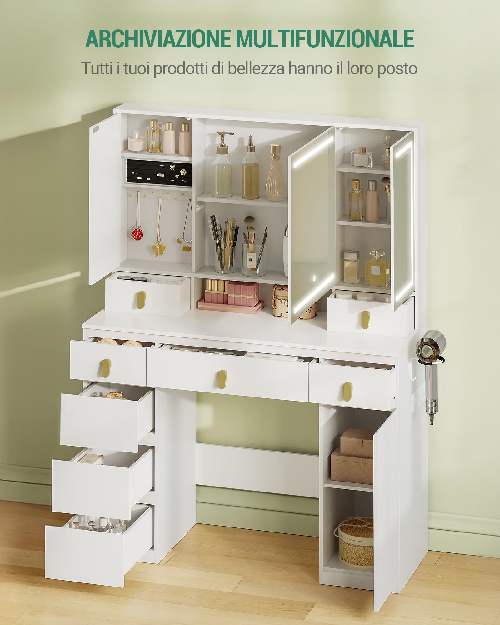 Hzuaneri Toeletta da Trucco Grande con Illuminazione a LED, con Presa e Porta Asciugacapelli, 3 Colori, Luminosità Regolabile, Tavolo da Trucco con Specchio, 8 Cassetti 1 Armadietti, Bianco DT42003XEU