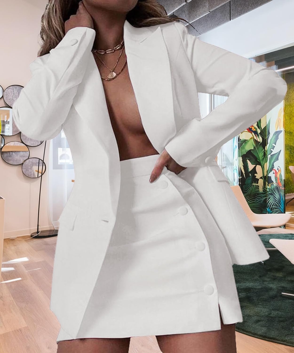 Women's 2 Piece Blazer and Skirt Suits, Open Front Blazer Jackets + Side Slit Mini Skirts - Image 2