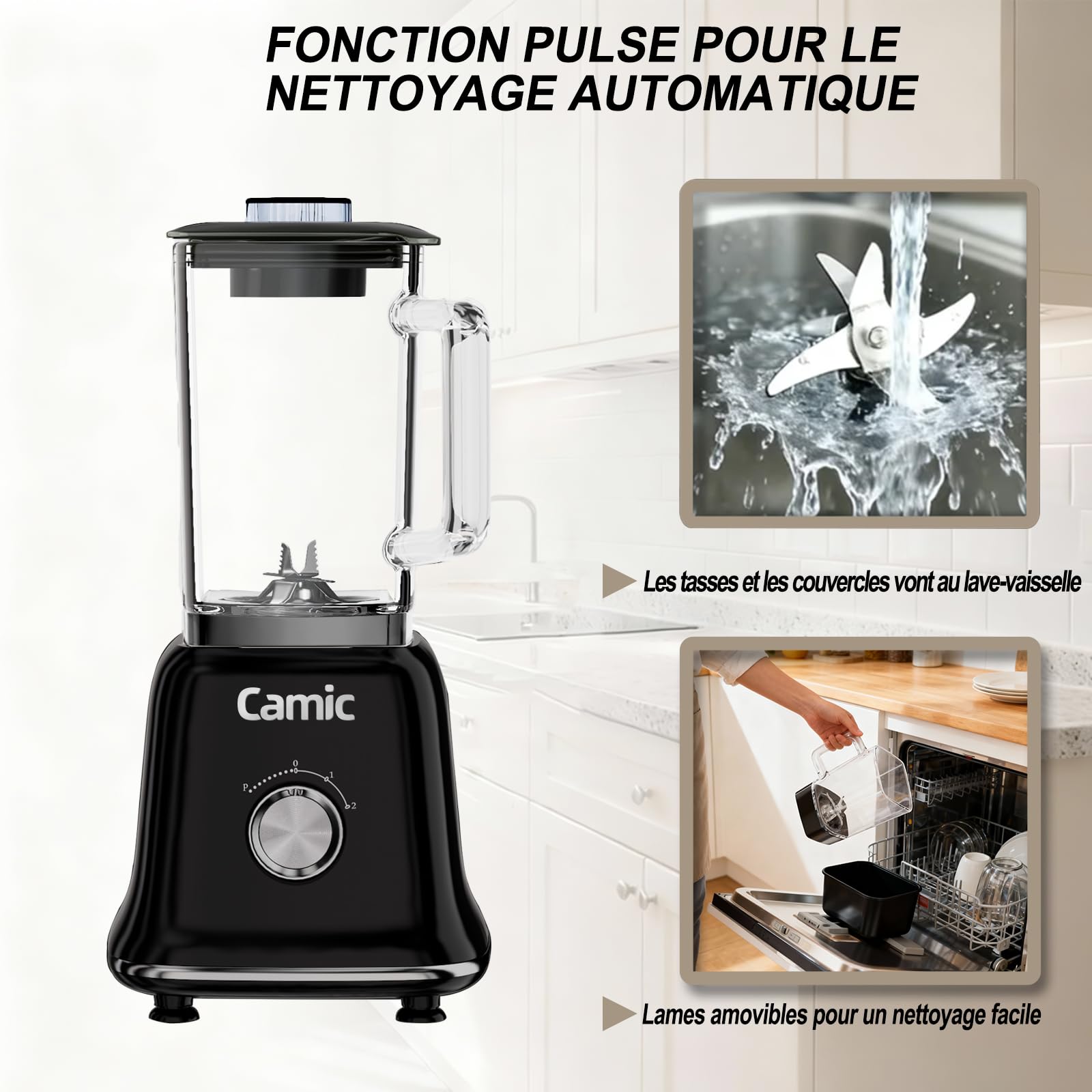 Camic blender mixeur 1200 W Mixeur Multifonction 3 en 1 avec Récipient en Verre de 1,6 L, mug de Voyage de 400 ml et Gobelet de Broyage de 200 ml, Mixeur à Impulsion/2 Vitesses