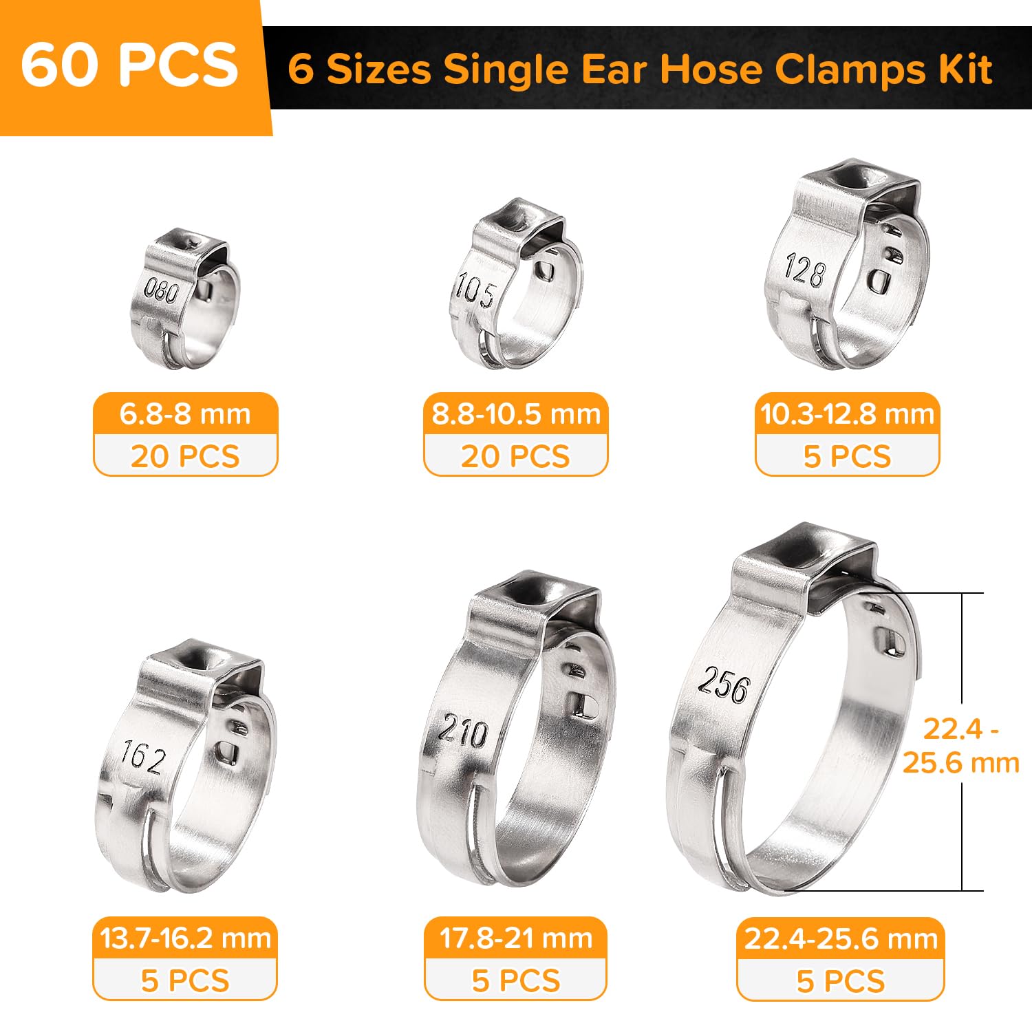 Lyeteung 60 PCS 6 Sizes 6.8-25.6 mm Single Ear Hose Clamps Kit, Stainless Steel Single Ear Stepless Hose Clamps - Image 2