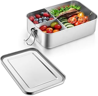 Joyfair Brotdose, Edelstahl Bento Box mit 3 Fächern, Vesperdose Lunch Box Auslaufsicher für Erwachsene & Kinder, Metall Brotzeitdose für Schule, Picknick und Unterwegs, Spülmaschinenfest - 1400ml