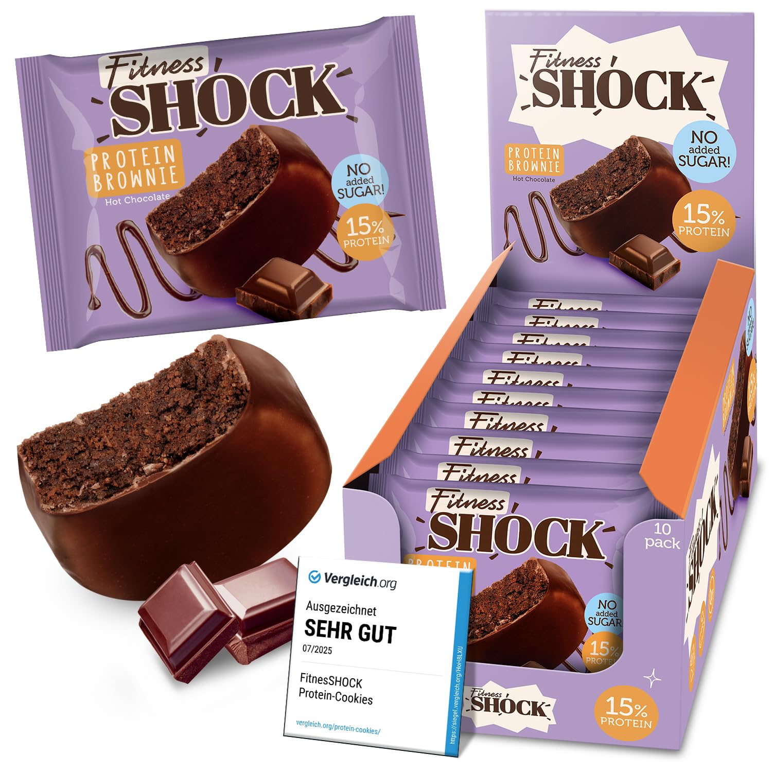 FitnesSHOCK Protein Brownie Snack ohne Zusatz von Zucker, Kekse mit 15% Eiweiß, Dunkle Schokolade, sättigende Ballaststoffe, low carb, weiche Konsistenz, 10 Stück х 50g - Schokolade Geschmack