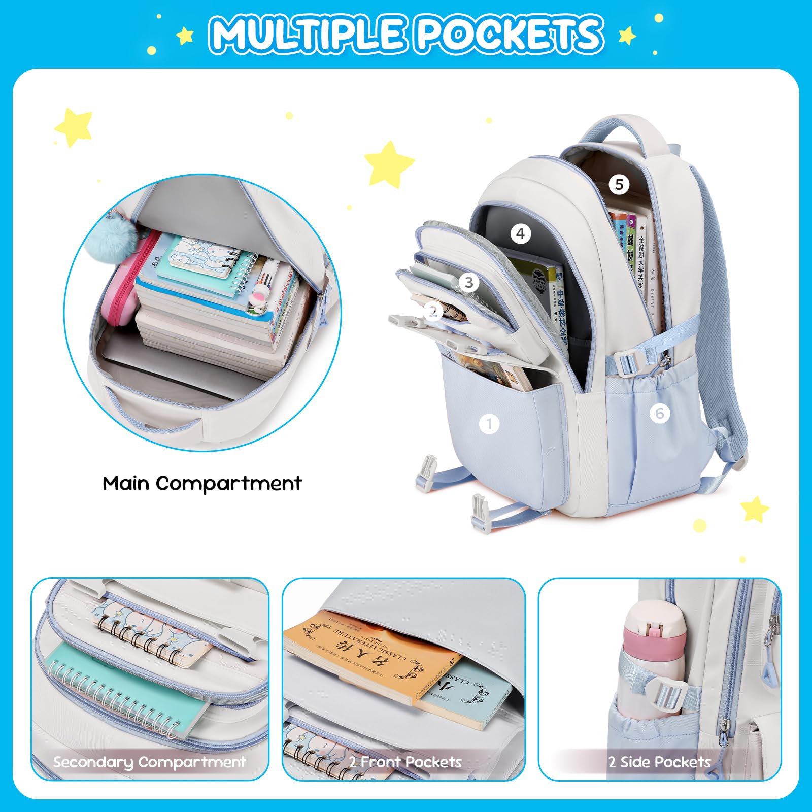 Amythe Cartable Fille Primaire CE2 CM1 CM2, Convient aux Chariot, Bleu | Sac à Dos pour Enfant 9 à 16 Ans, Cartable Filles Collège, Kawaii Décontracté Grande Léger et Imperméable, Rentrée scolaire