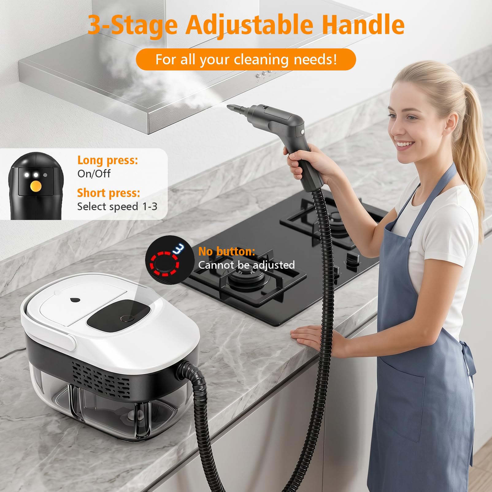 Dampfreiniger Handgerät, Dampfreiniger für Haushalt und Auto, 3 Dampfstufen | am Griff einstellbar, 15 Sekunden Aufheizzeit, 1600 ml Tank, Handdampfreiniger für Autos, Steam Cleaner für Boden